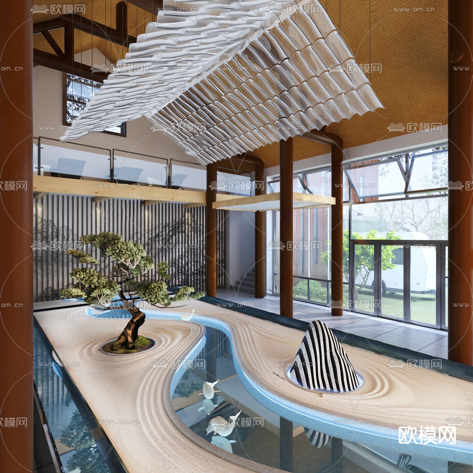 中式酒店大厅su模型下载（渲染图2）