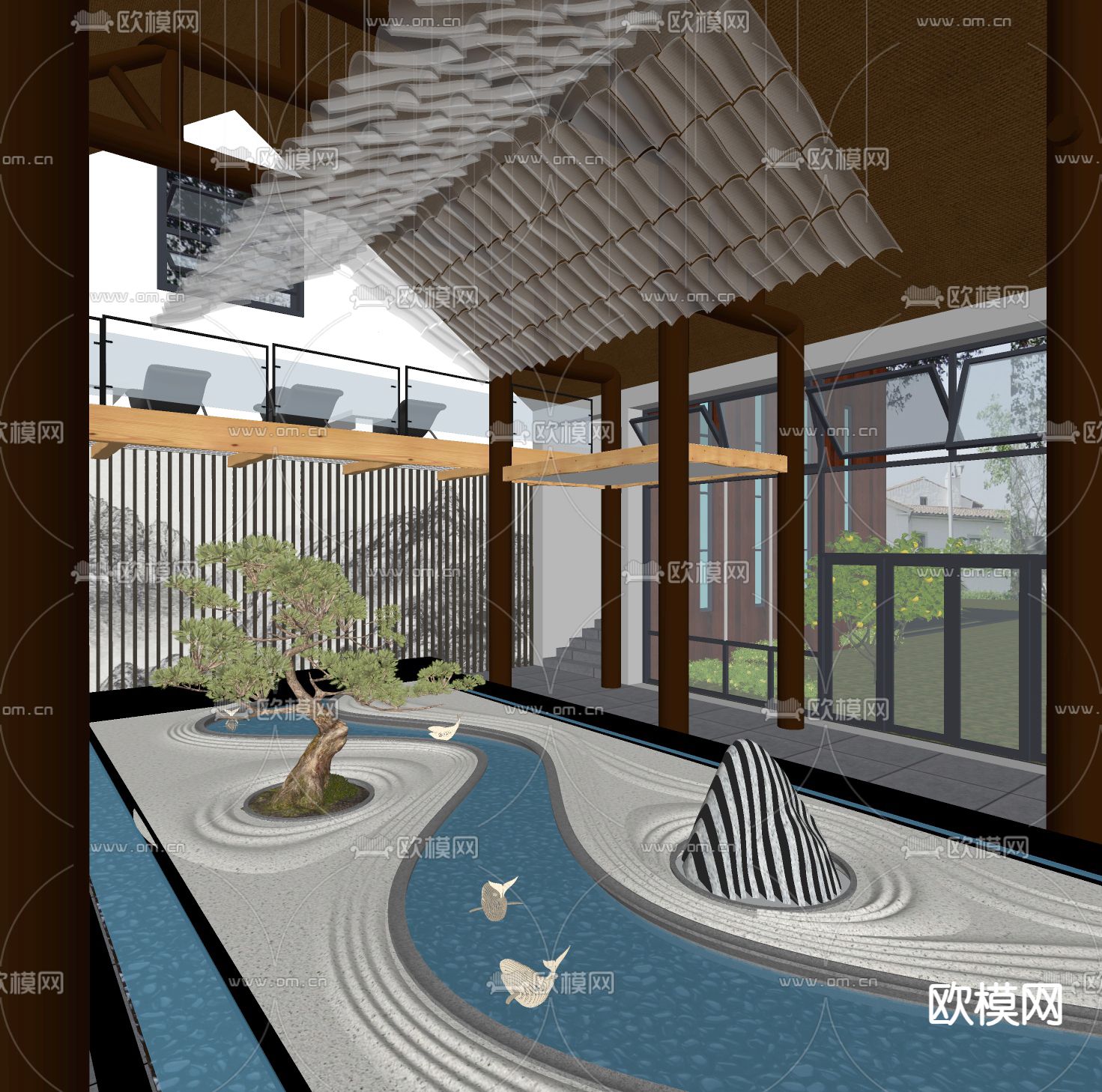 中式酒店大厅su模型下载（渲染图1）