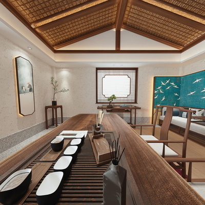  新中式茶馆 茶室su模型 