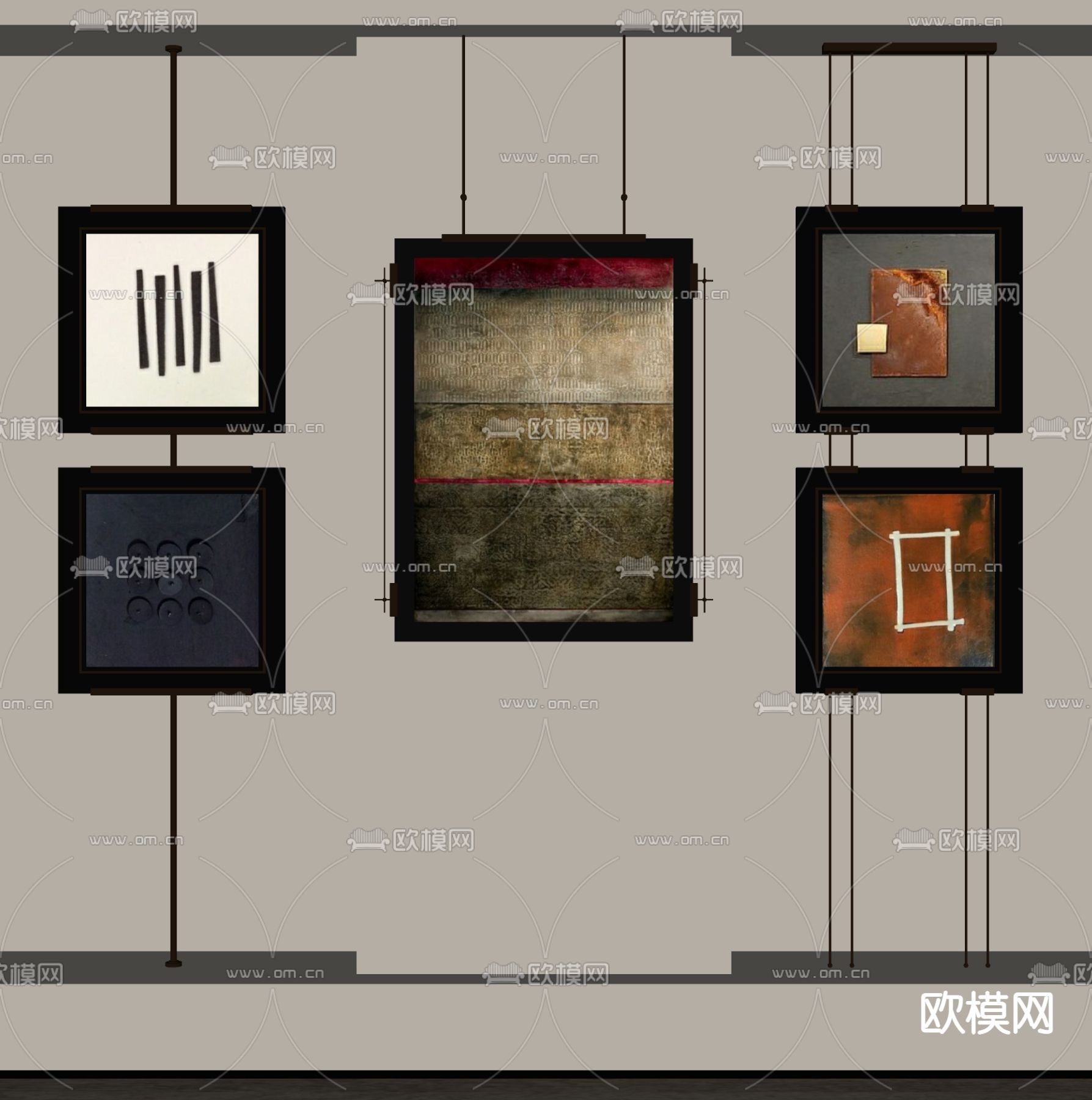 侘寂画 装饰画 抽象画 组合画su模型下载（渲染图1）