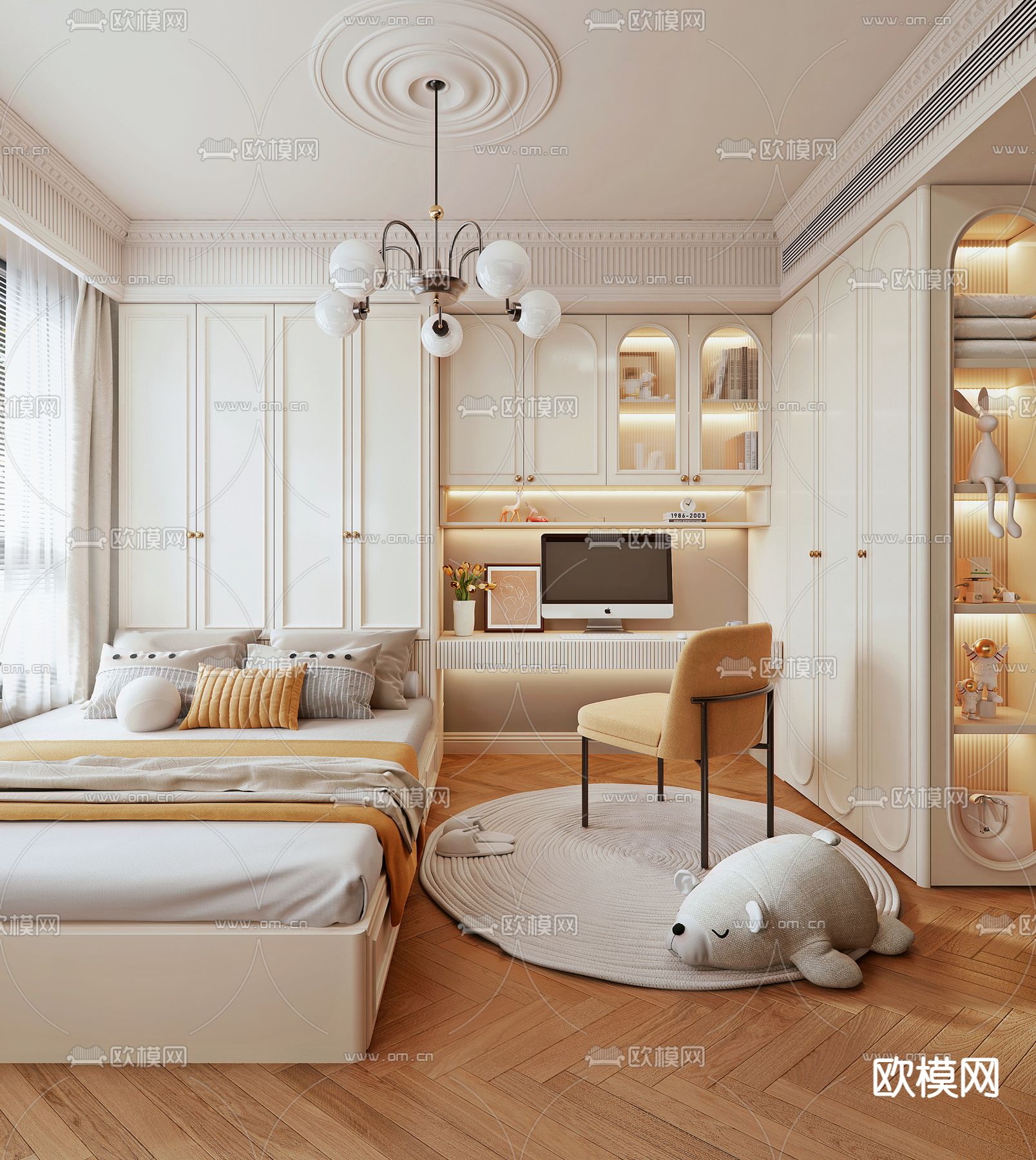 法式榻榻米卧室su模型下载（渲染图2）