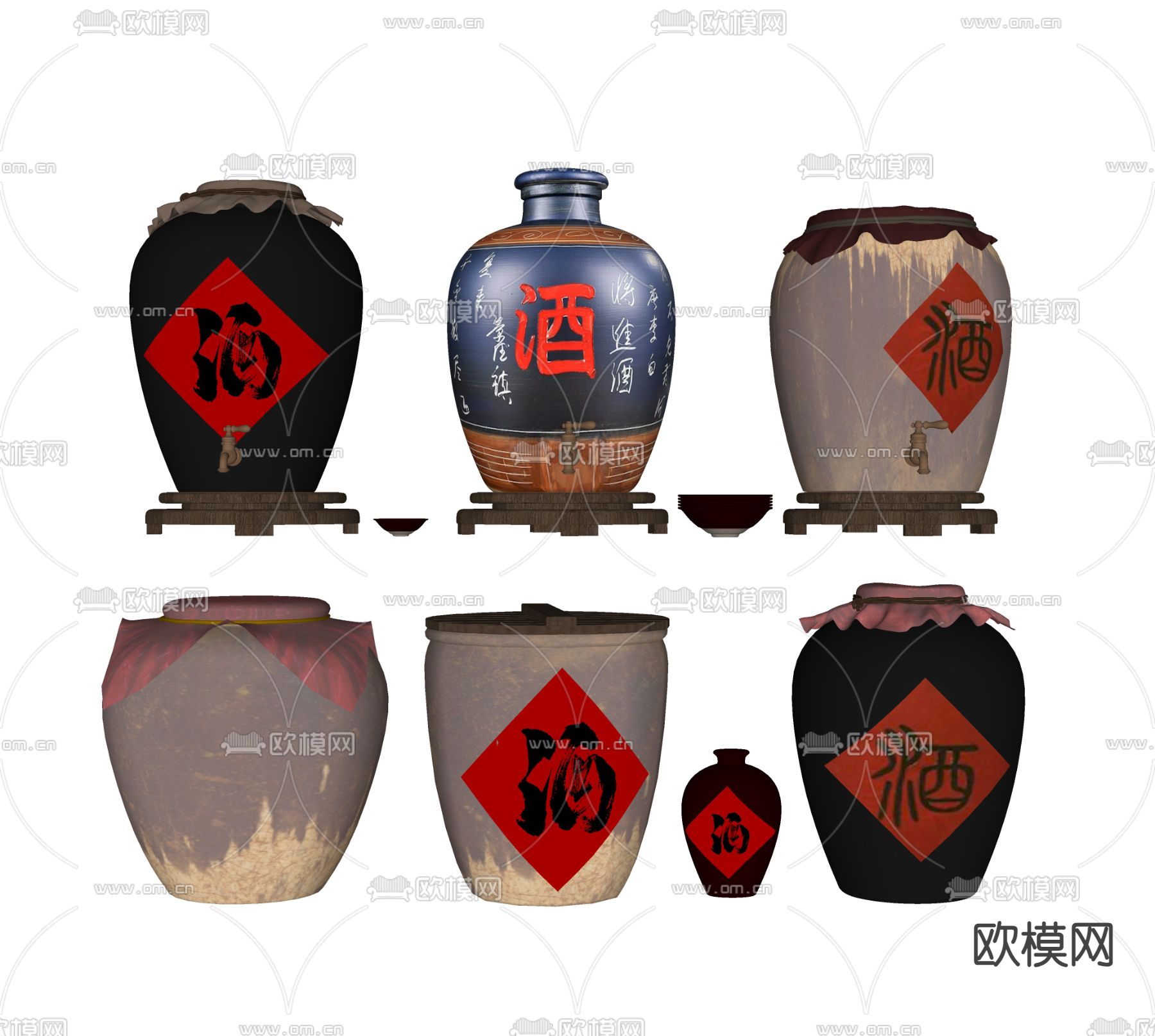 新中式酒坛 酒罐su模型下载（渲染图1）