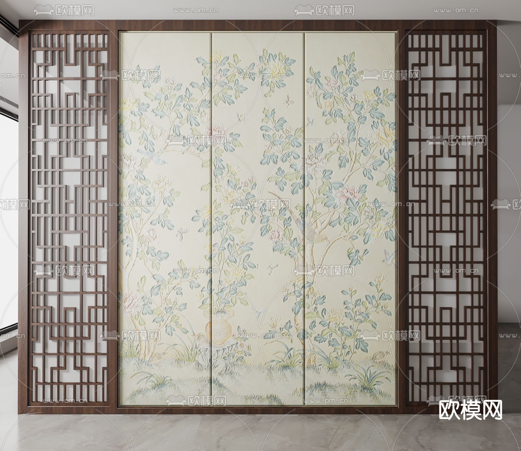 新中式背景墙 隔断su模型下载（渲染图2）