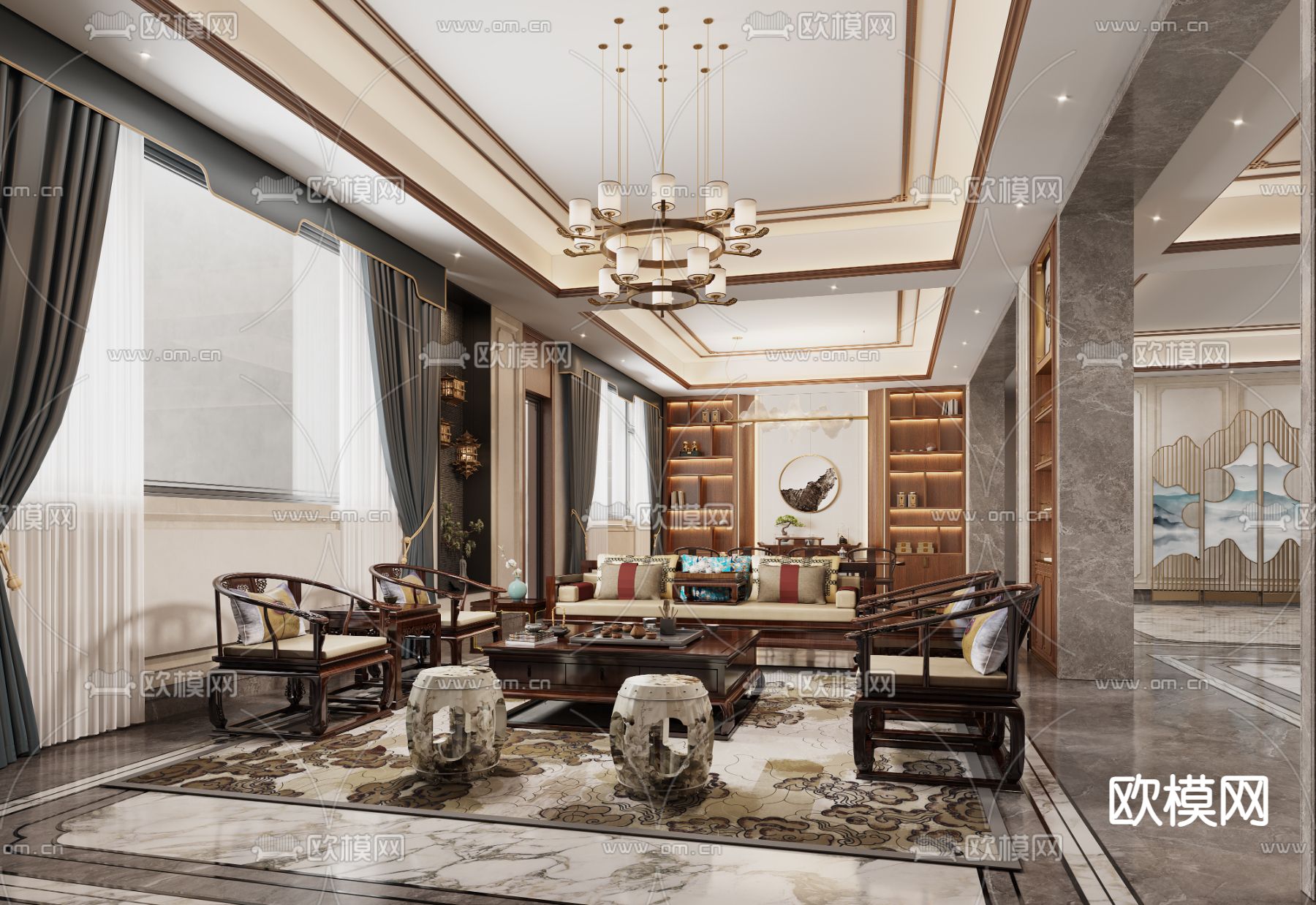 中式休息室 台球室 娱乐室3d模型下载（渲染图1）