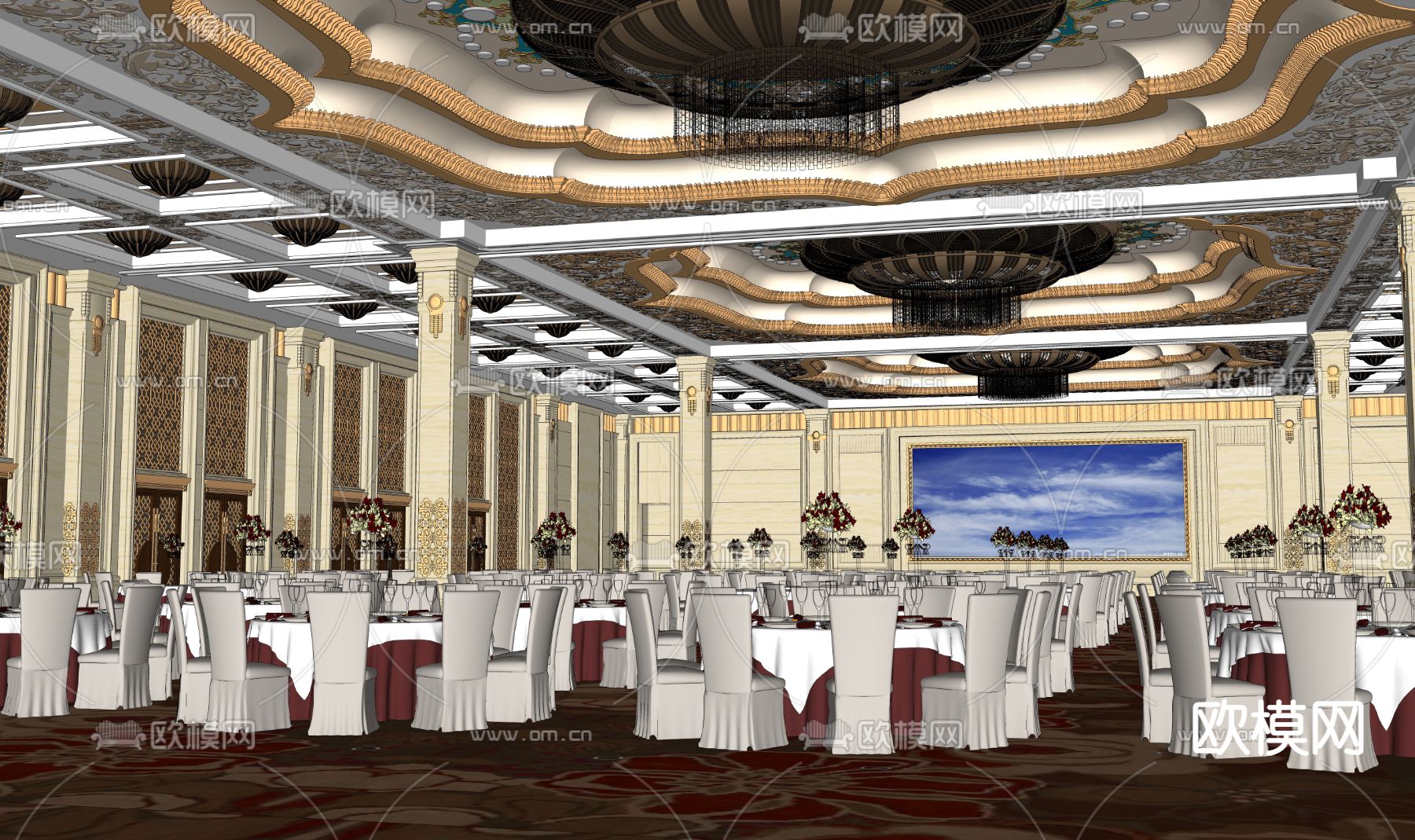 欧式宴会厅su模型下载（渲染图2）