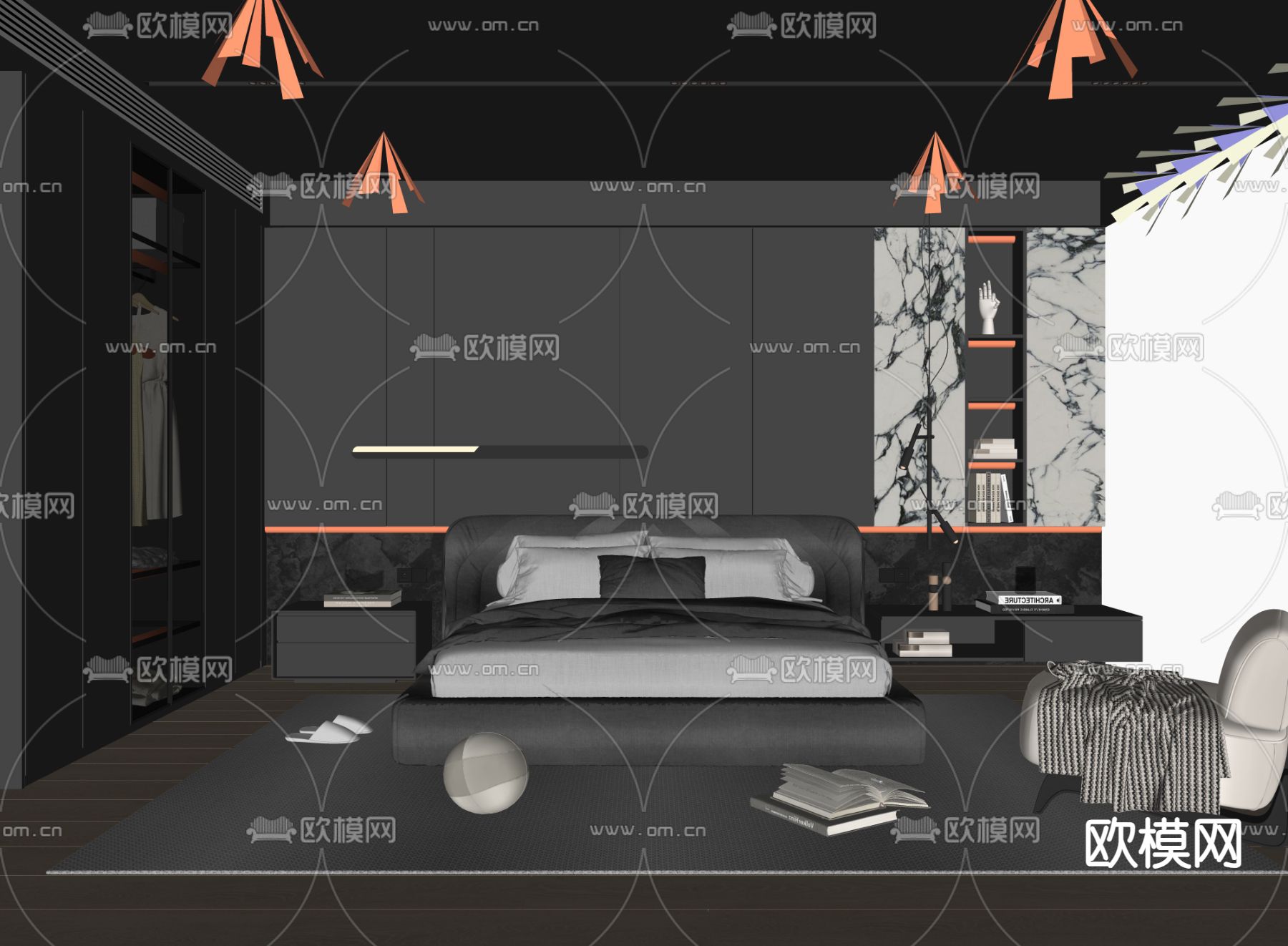 暗黑风卧室 主人房su模型下载（渲染图1）