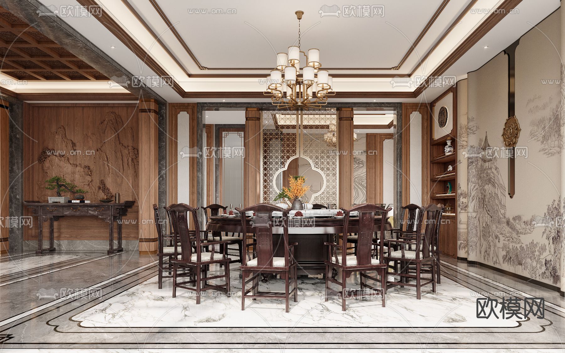 中式餐厅3d模型下载