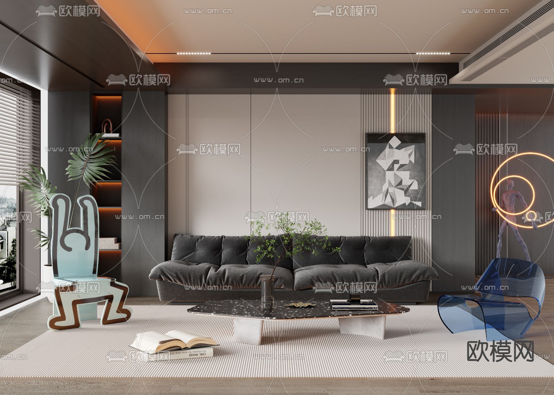 现代客厅su模型下载（渲染图2）