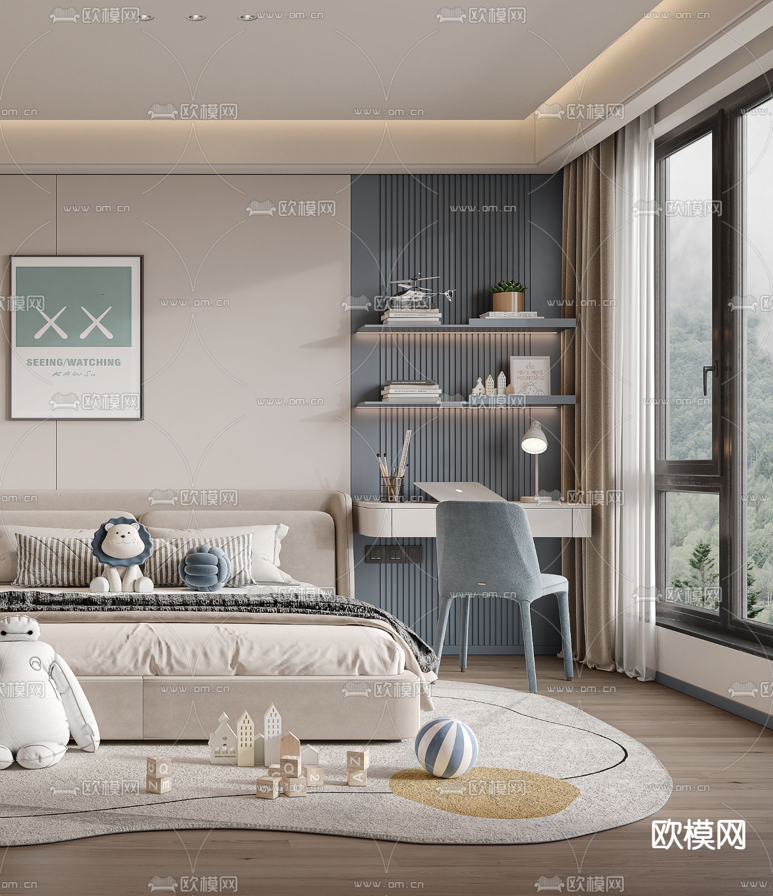 现代儿童房 小孩房卧室3d模型下载（渲染图2）