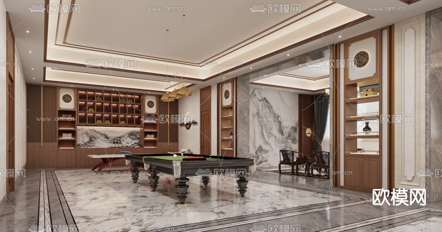 中式休息室 台球室 娱乐室3d模型下载（渲染图2）
