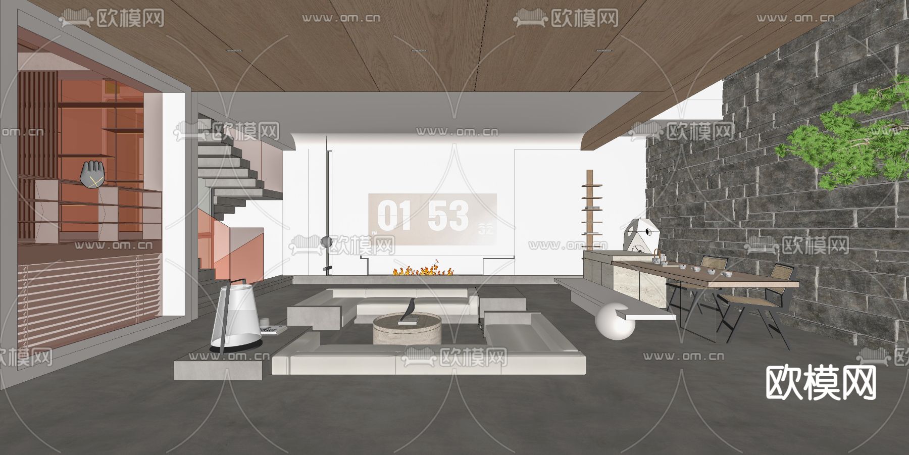 奶油风客厅 下沉式沙发su模型下载（渲染图3）