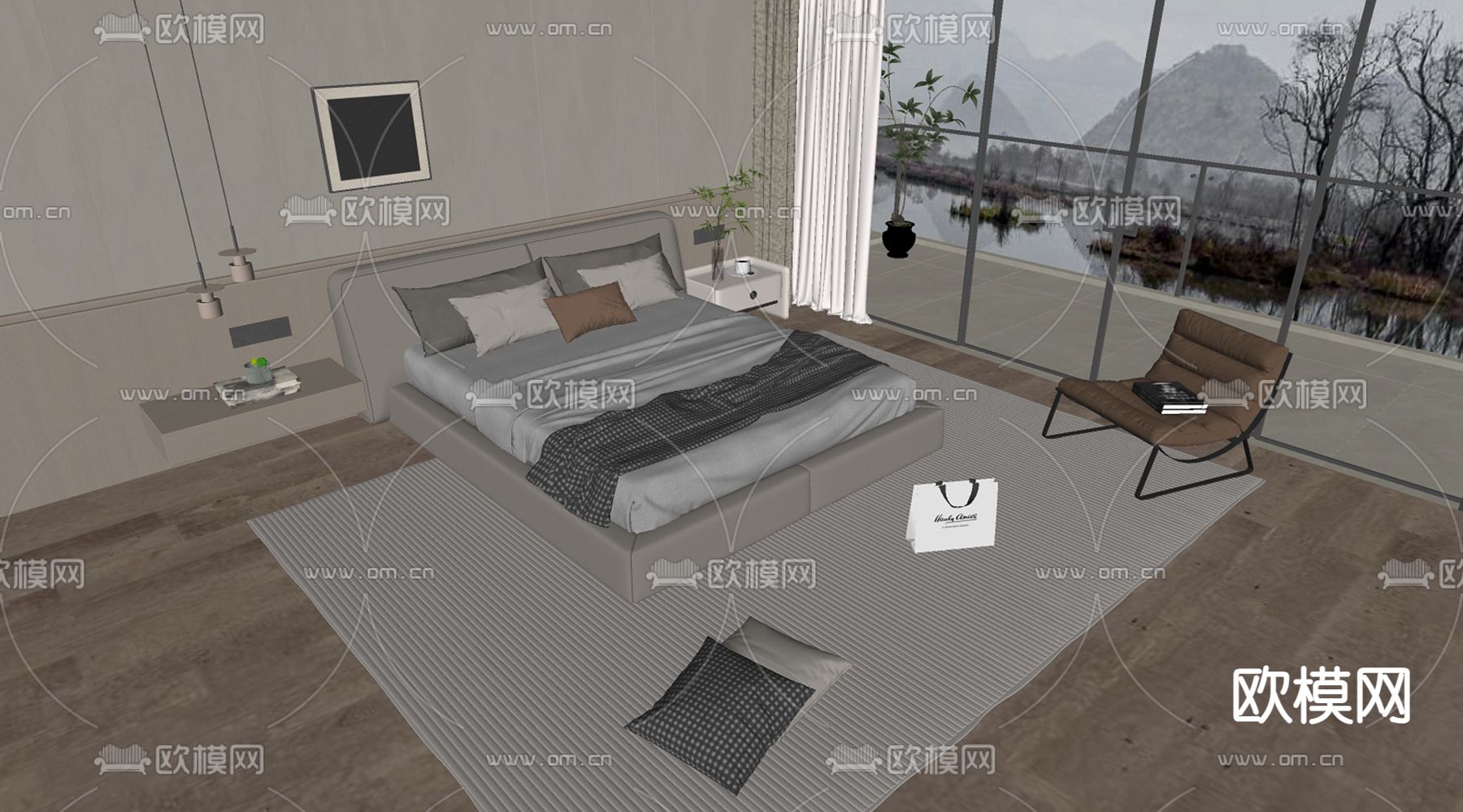 现代双人床su模型下载（渲染图2）