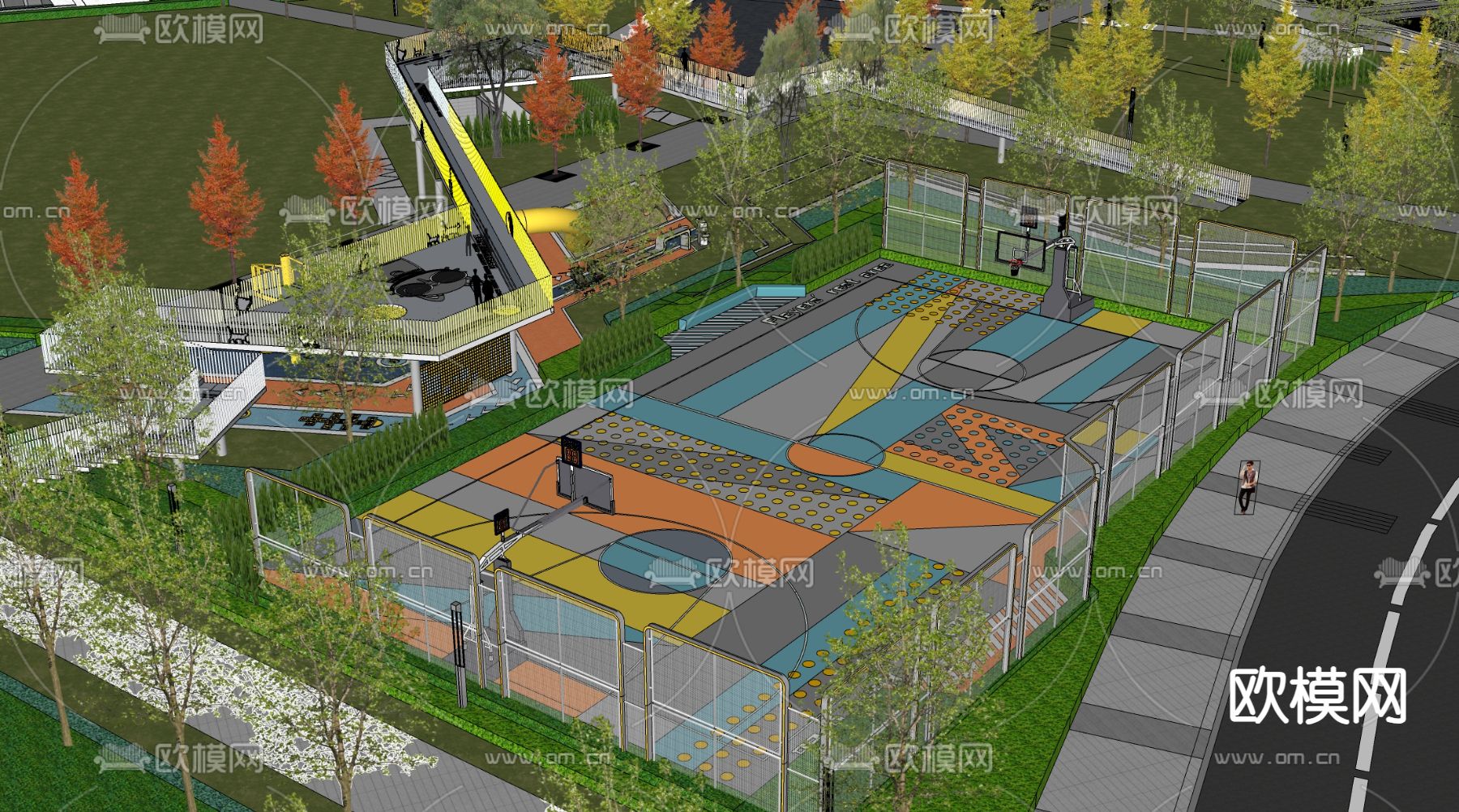 现代篮球场 运动场su模型下载（渲染图3）