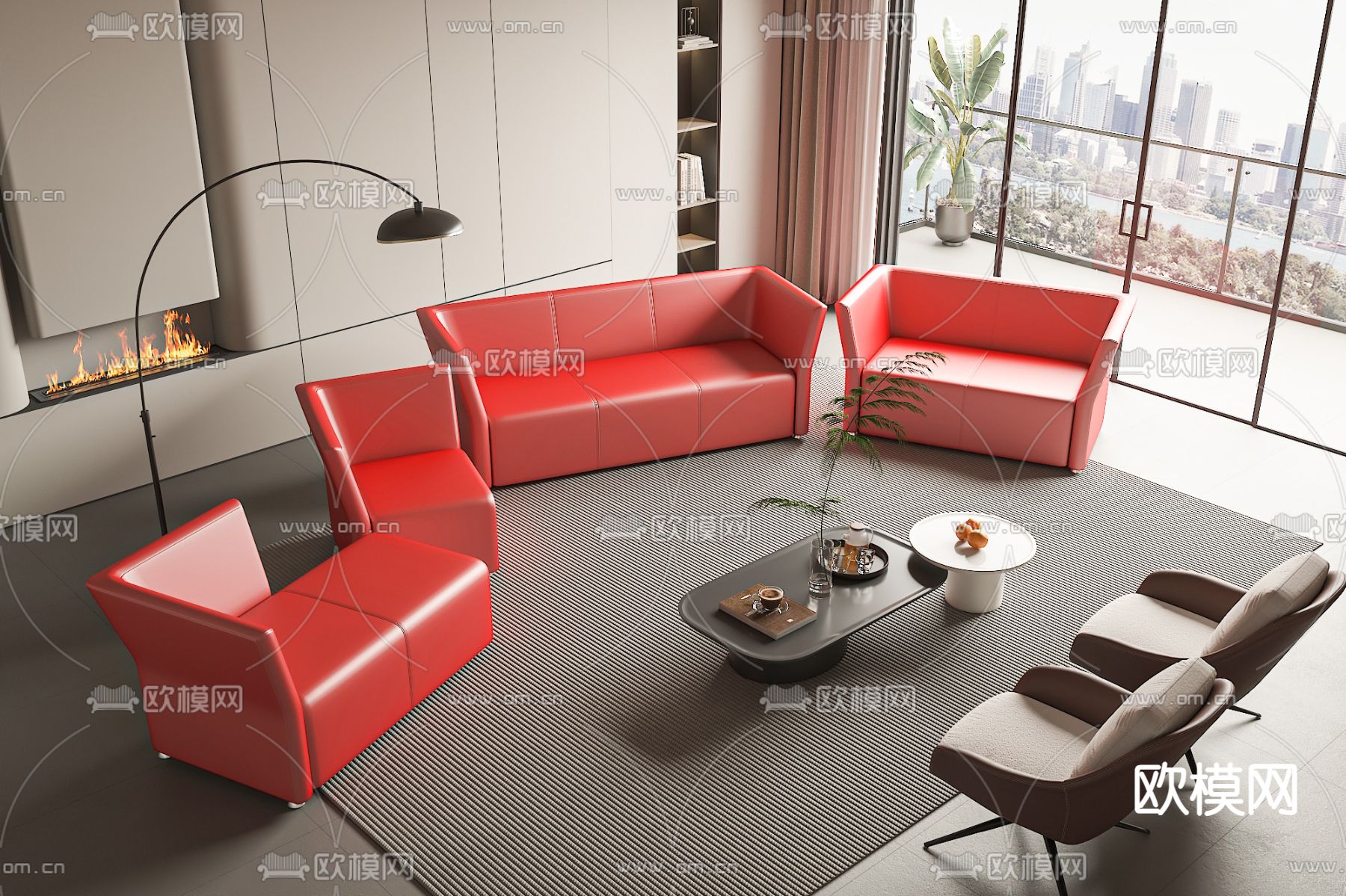 红色组合沙发 办公沙发3d模型下载