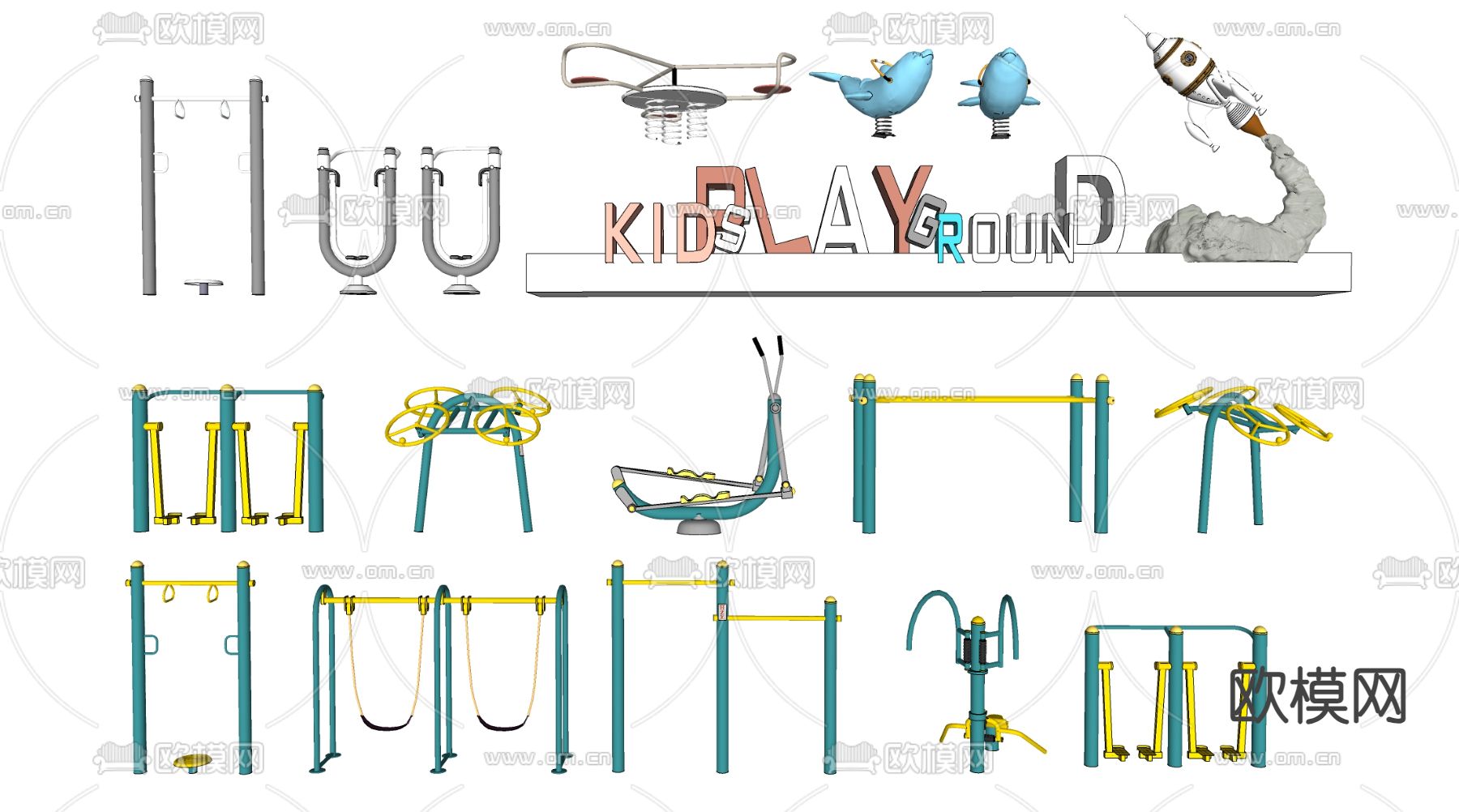 现代户外健身器材 运动器材 健身器械su模型下载（渲染图3）