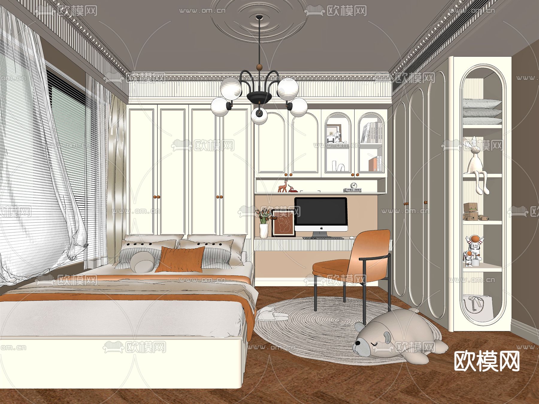 法式榻榻米卧室su模型下载（渲染图1）