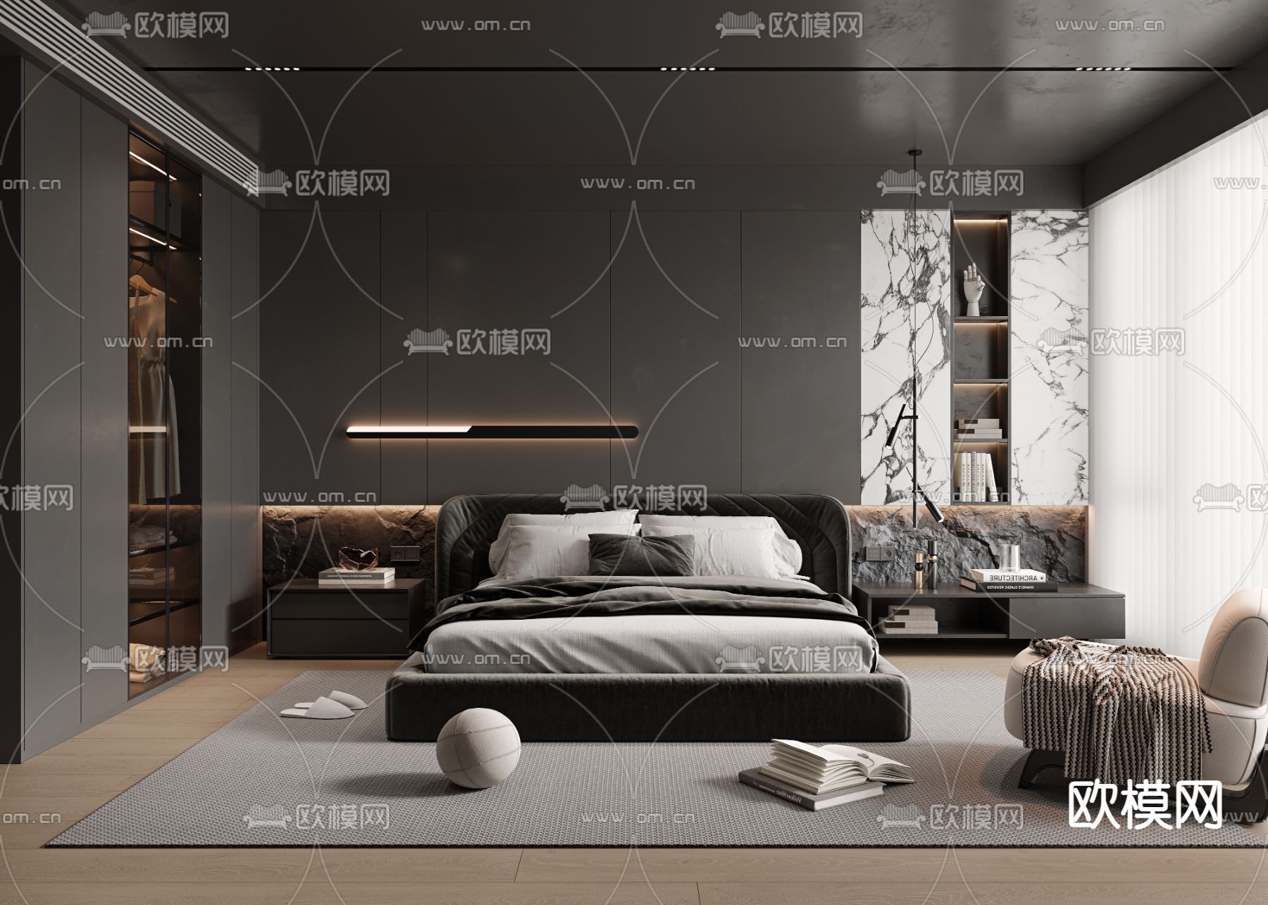 暗黑风卧室 主人房su模型下载（渲染图2）