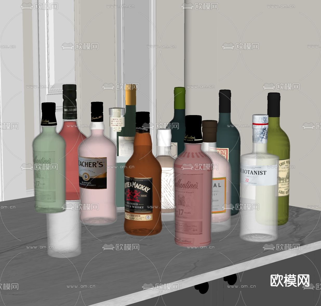酒水 红酒 洋酒 酒瓶 葡萄酒su模型下载（渲染图1）