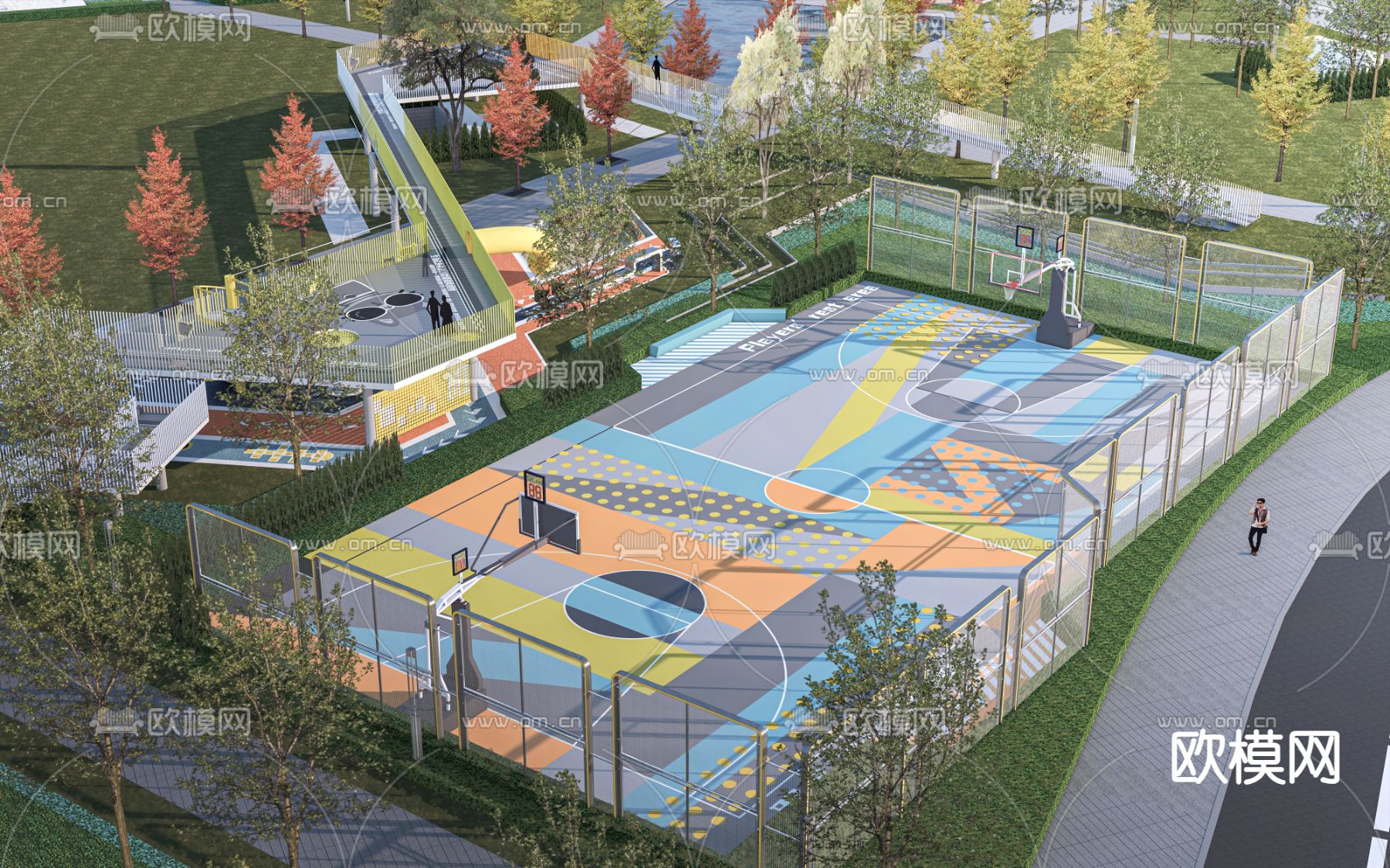 现代篮球场 运动场su模型下载（渲染图1）