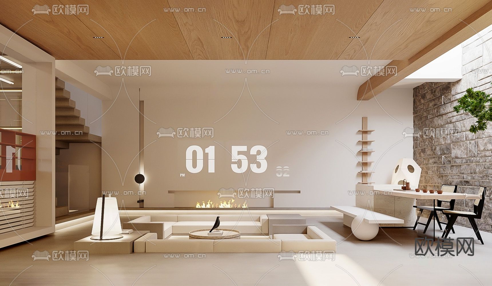 奶油风客厅 下沉式沙发su模型下载（渲染图2）