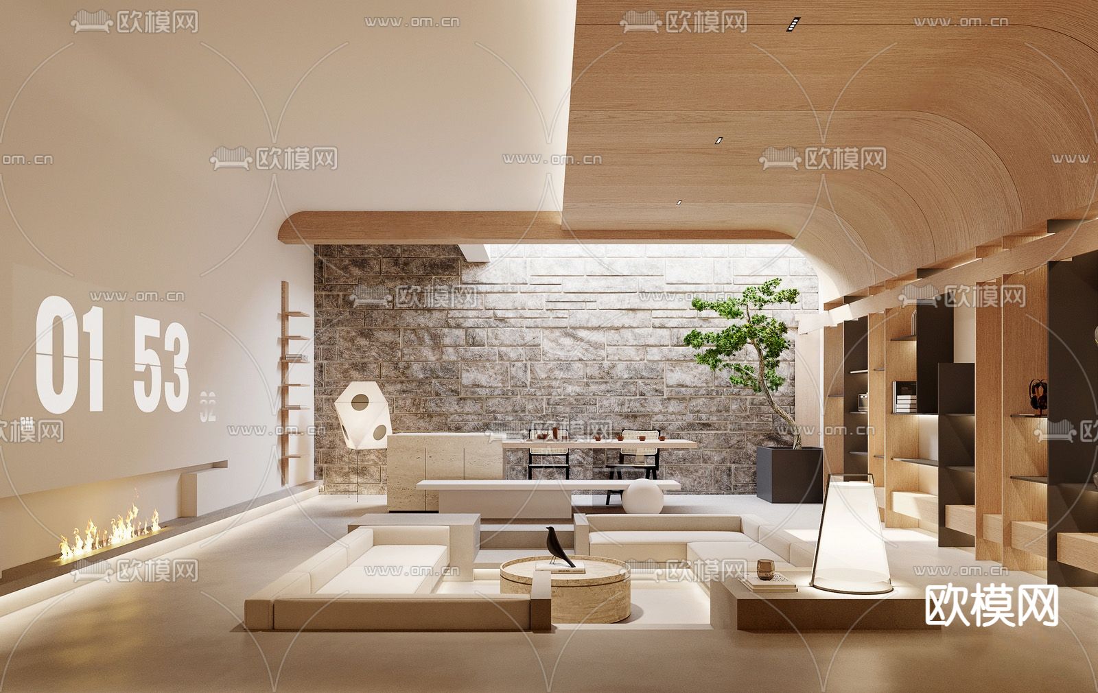 奶油风客厅 下沉式沙发su模型下载（渲染图1）