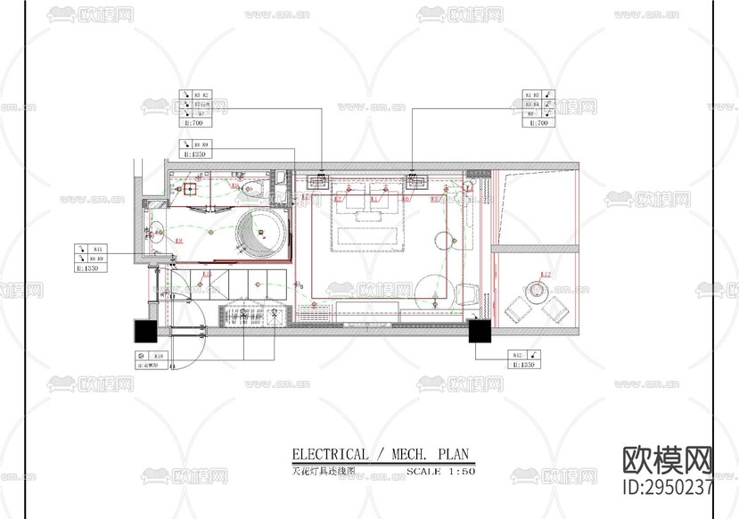 酒店大床房机电CAD施工图下载(渲染图5)