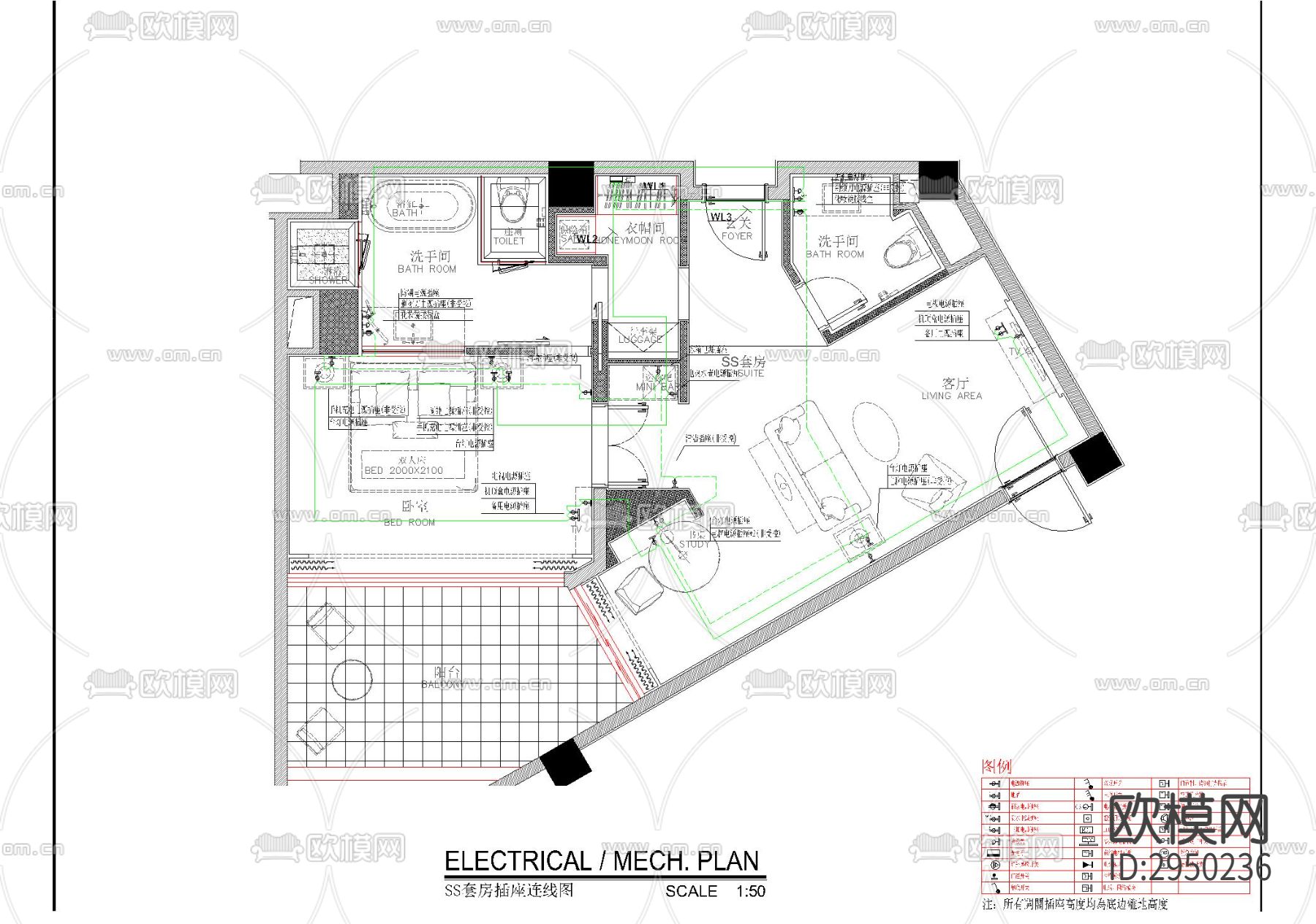 酒店套房机电CAD施工图下载（渲染图6）