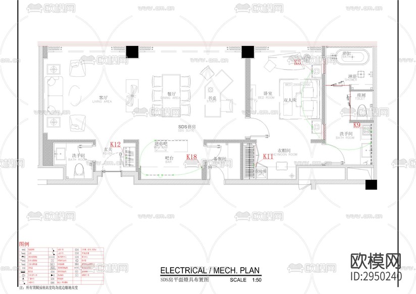 酒店套房機電CAD施工圖下載(渲染圖3)