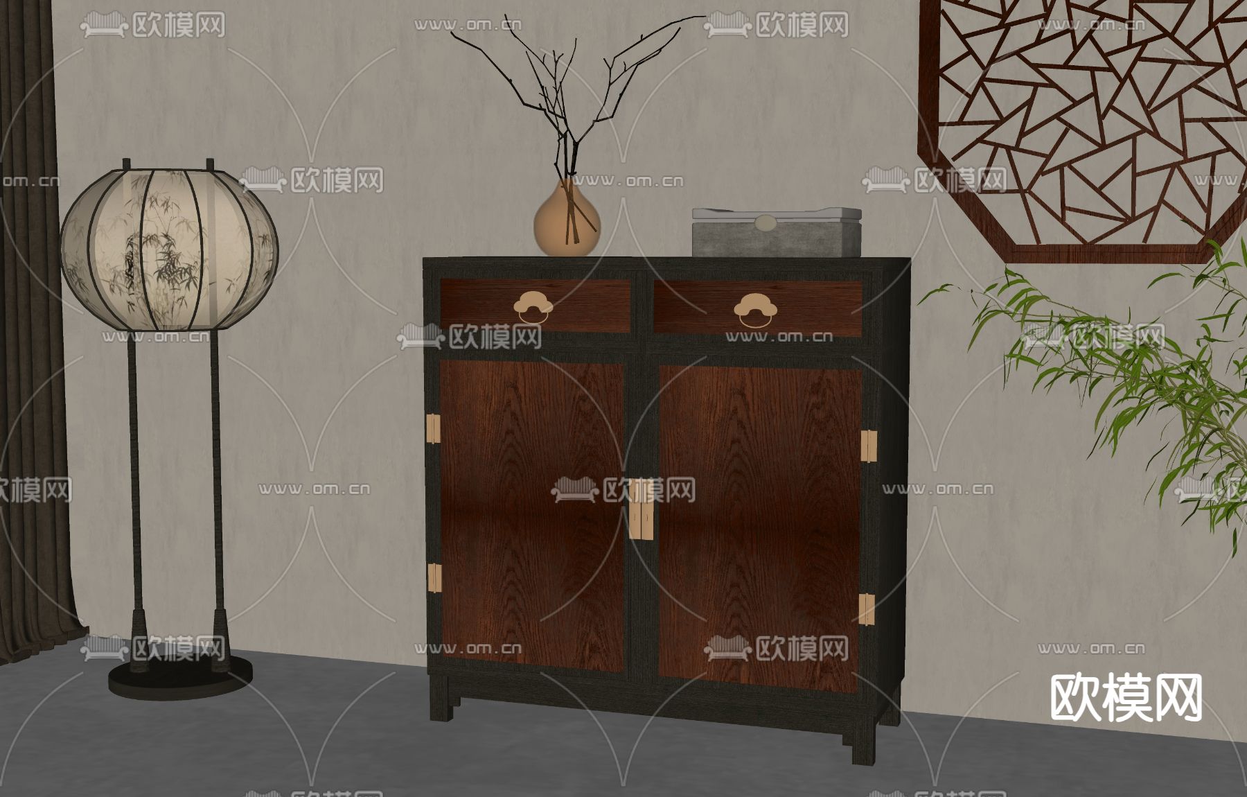 新中式玄关柜su模型下载（渲染图1）