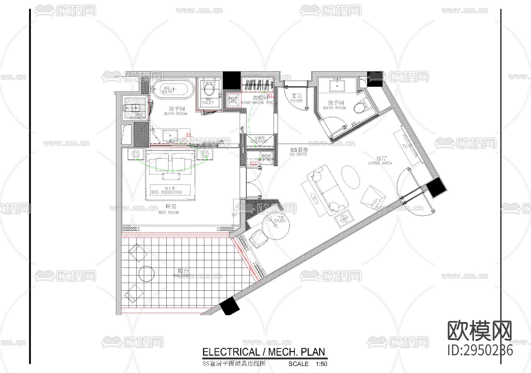 酒店套房机电CAD施工图下载（渲染图4）