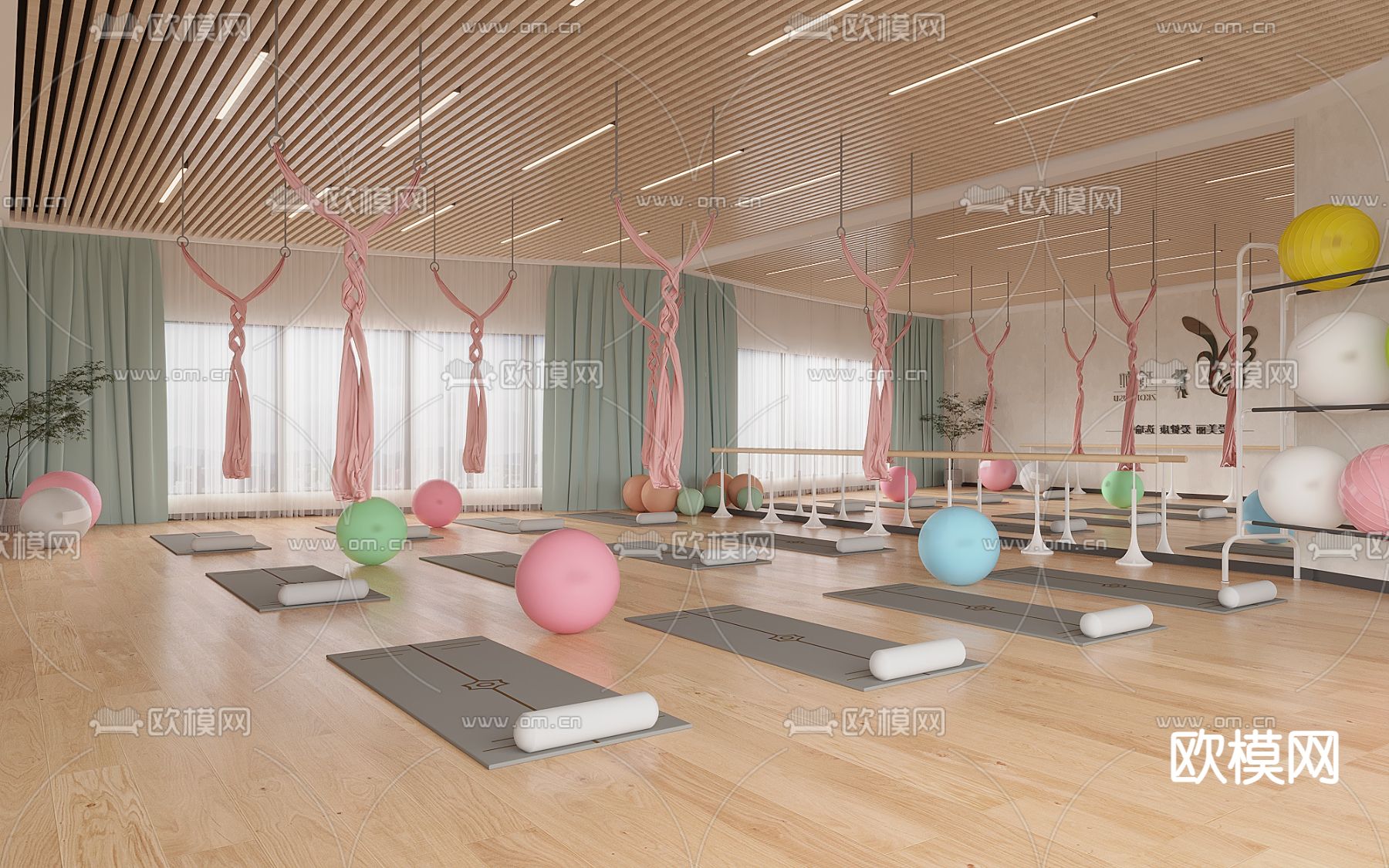 现代瑜伽室 舞蹈室免费3d模型下载（渲染图1）