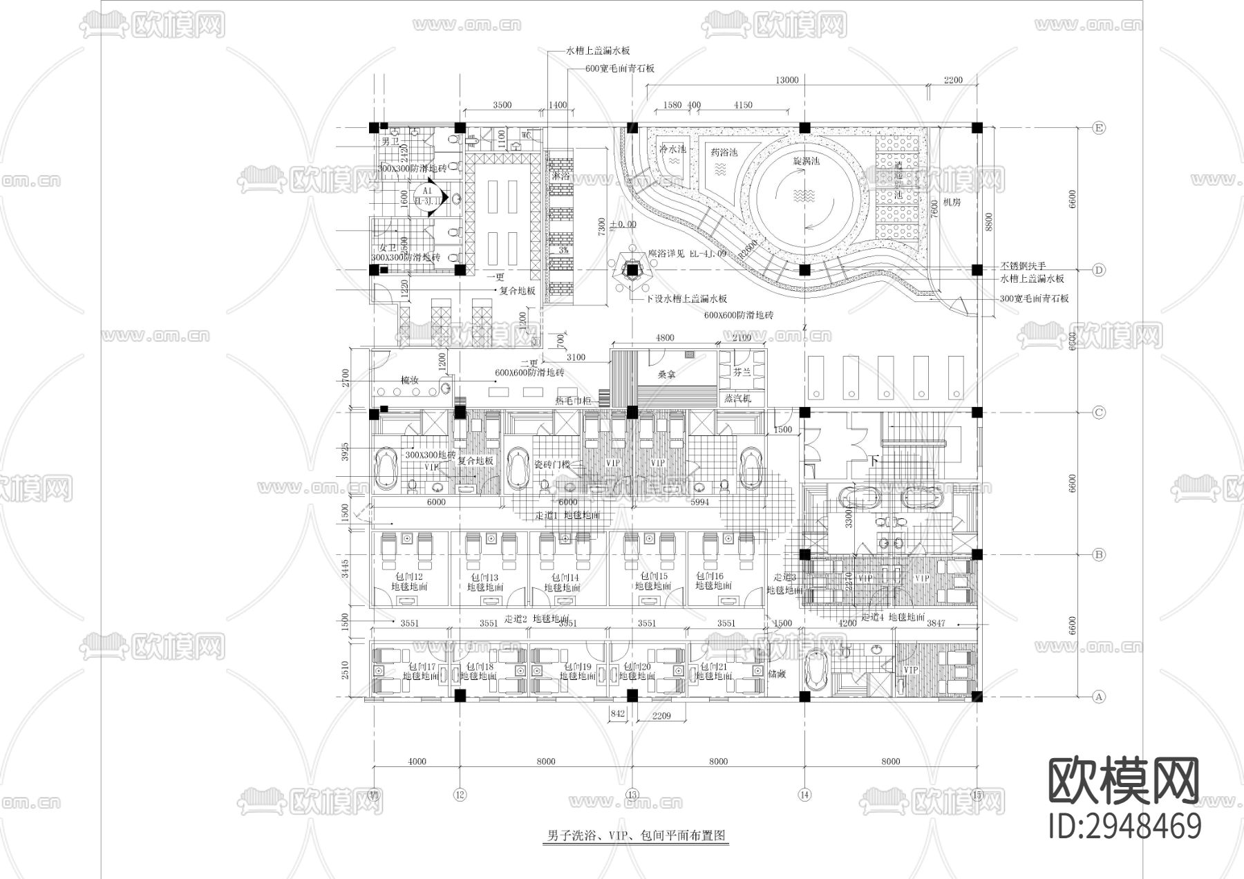 1500㎡汤泉 水疗 洗浴中心CAD施工图下载（渲染图2）