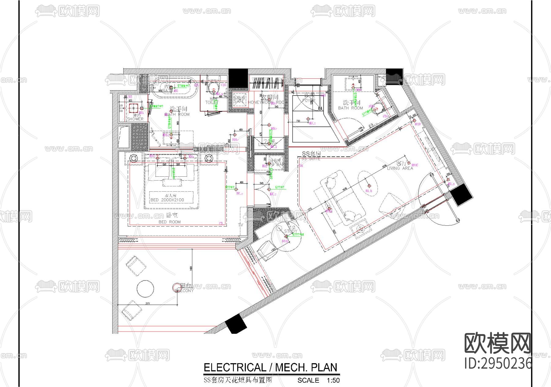 酒店套房机电CAD施工图下载（渲染图3）