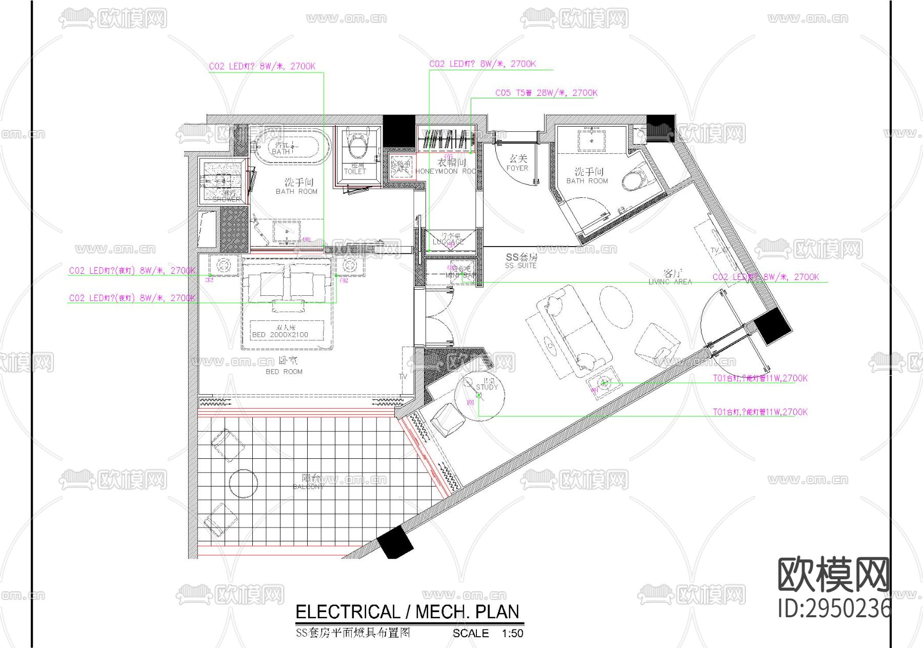 酒店套房机电CAD施工图下载（渲染图2）