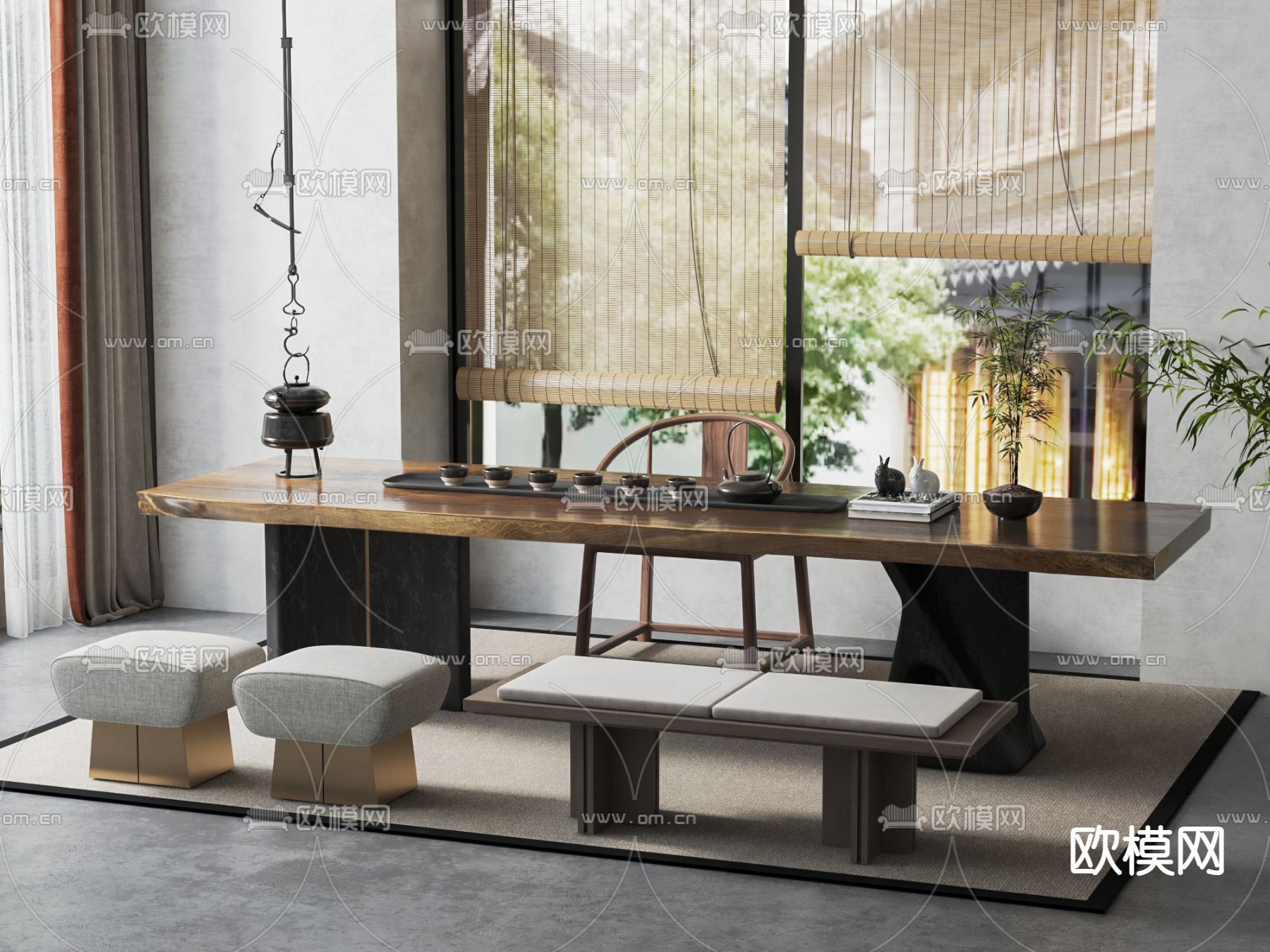 新中式茶桌 茶台su模型下载（渲染图2）