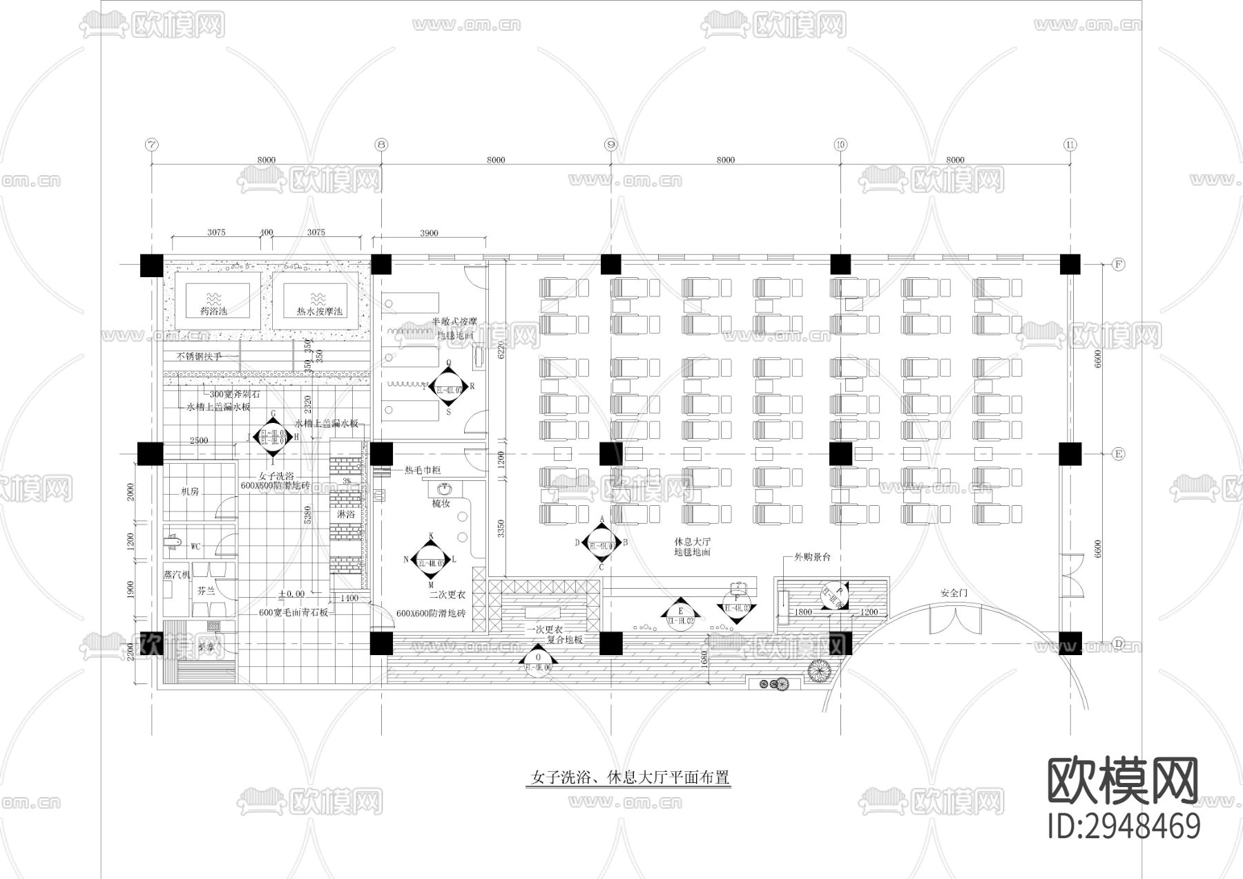 1500㎡汤泉 水疗 洗浴中心CAD施工图下载（渲染图1）