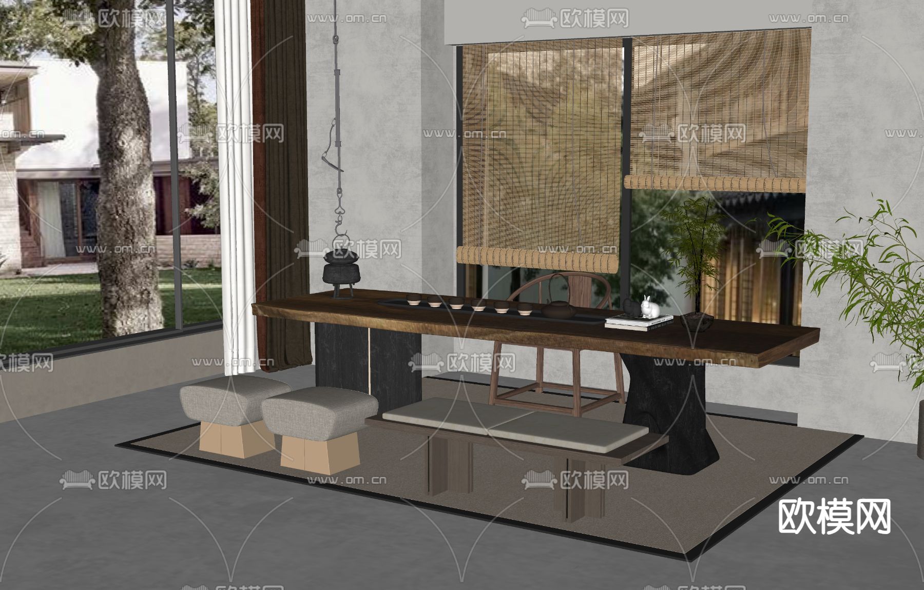新中式茶桌 茶台su模型下载（渲染图1）