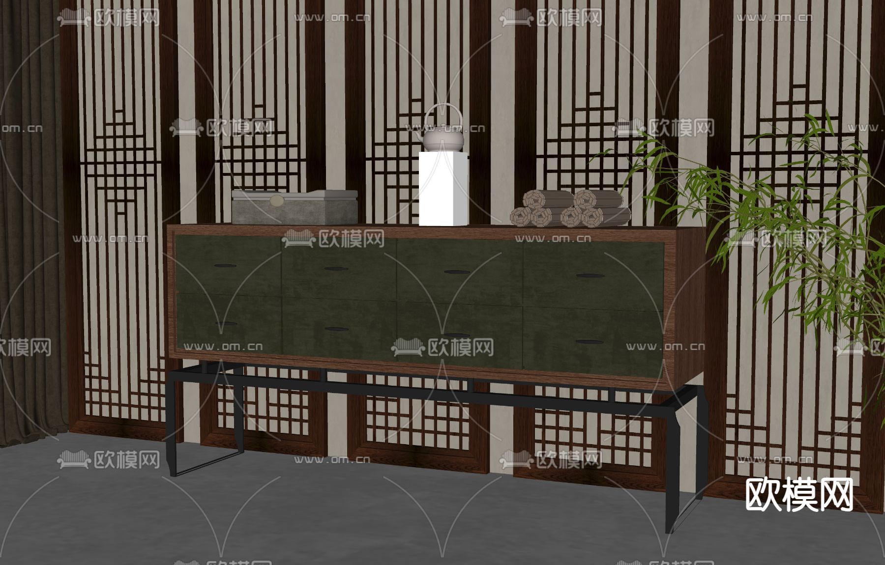 新中式电视柜su模型下载（渲染图1）