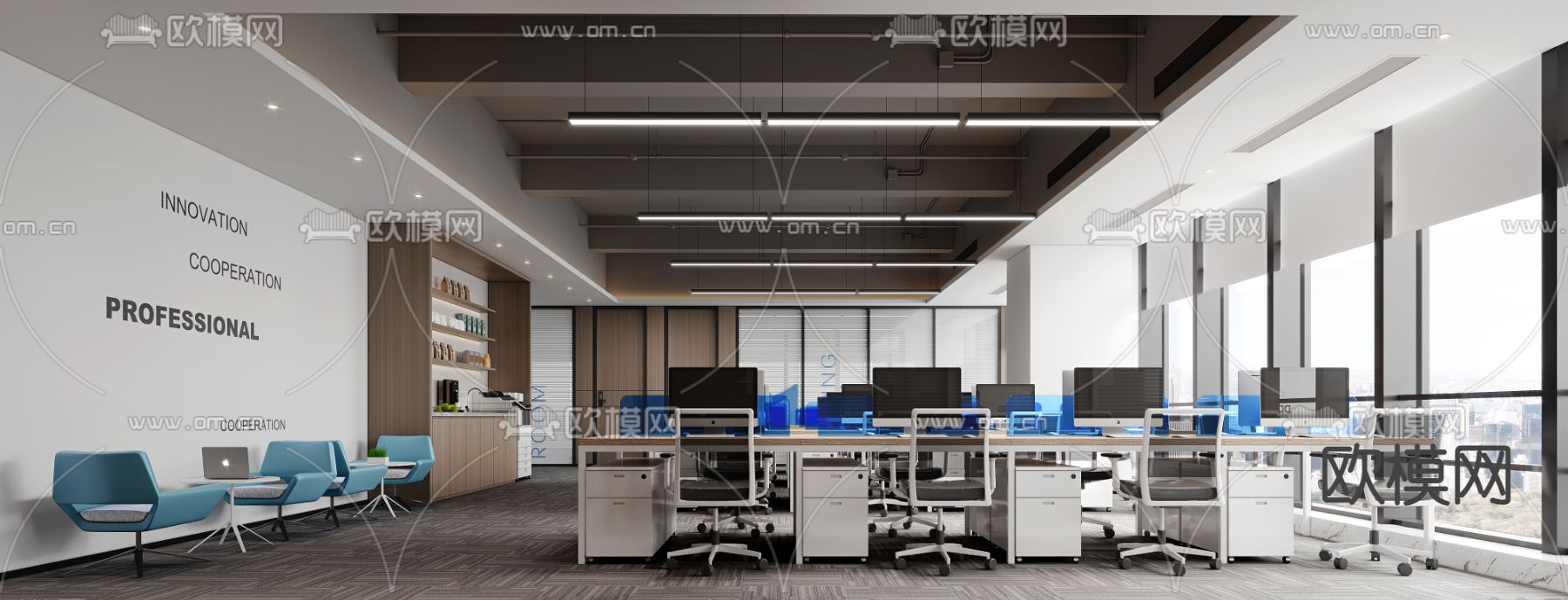 开放式办公室 办公区 工位3d模型下载（渲染图1）