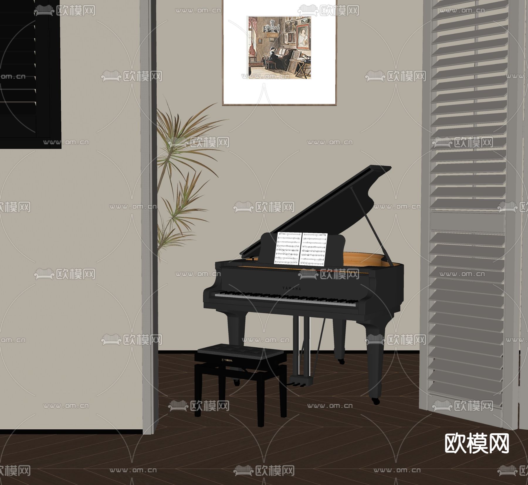 欧式三角琴 钢琴su模型下载（渲染图1）
