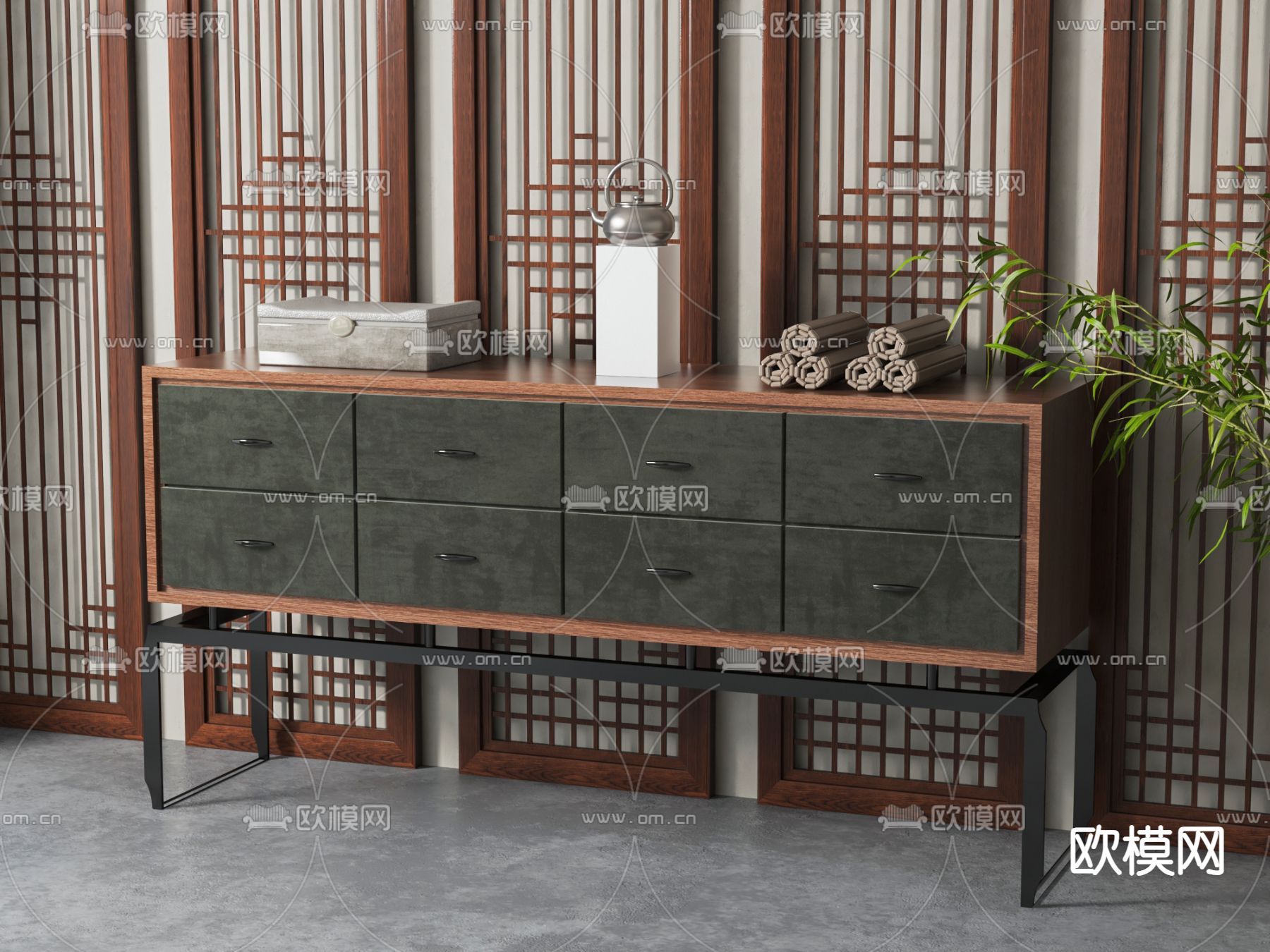 新中式电视柜su模型下载（渲染图2）