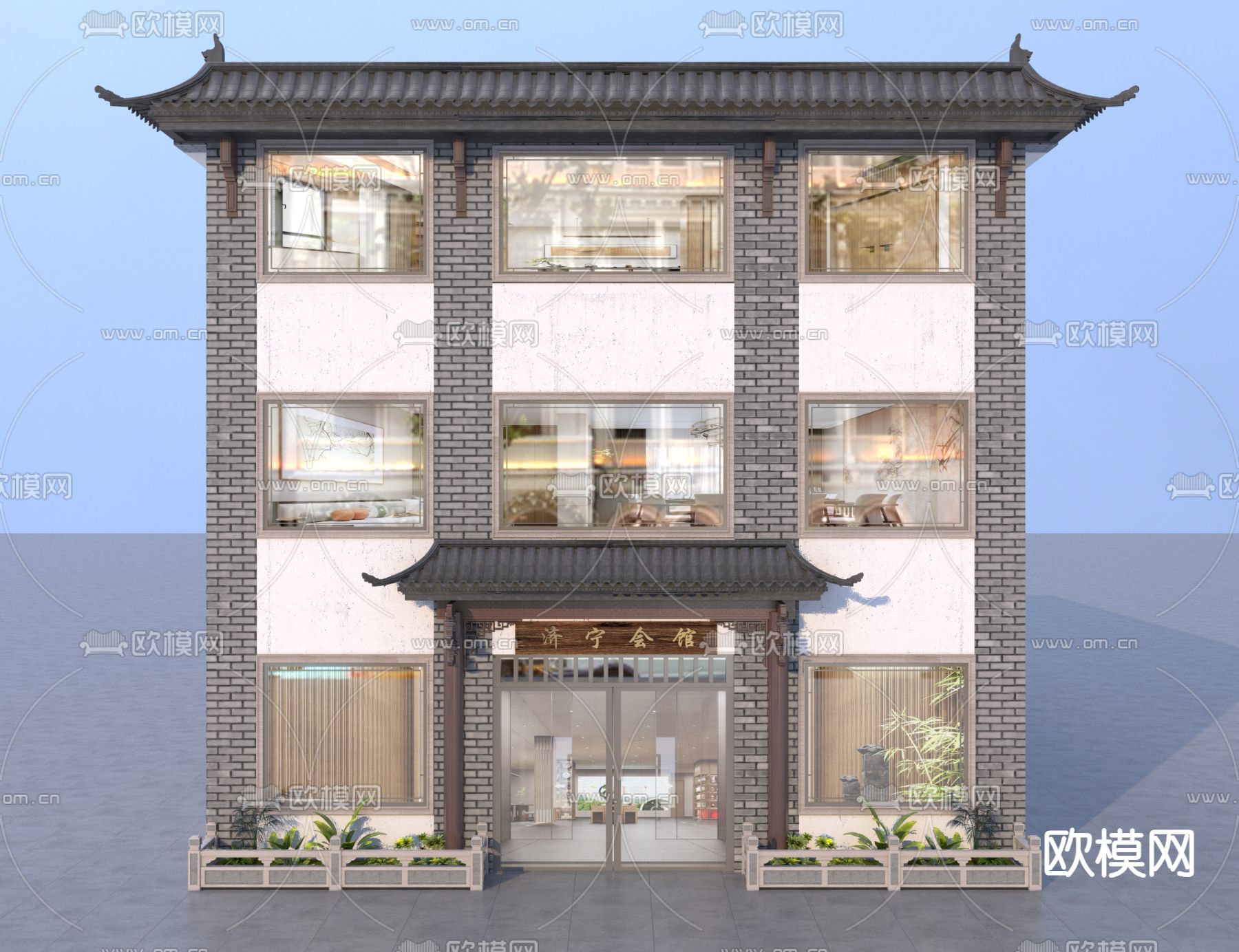 会馆门头 商铺门面免费3d模型下载