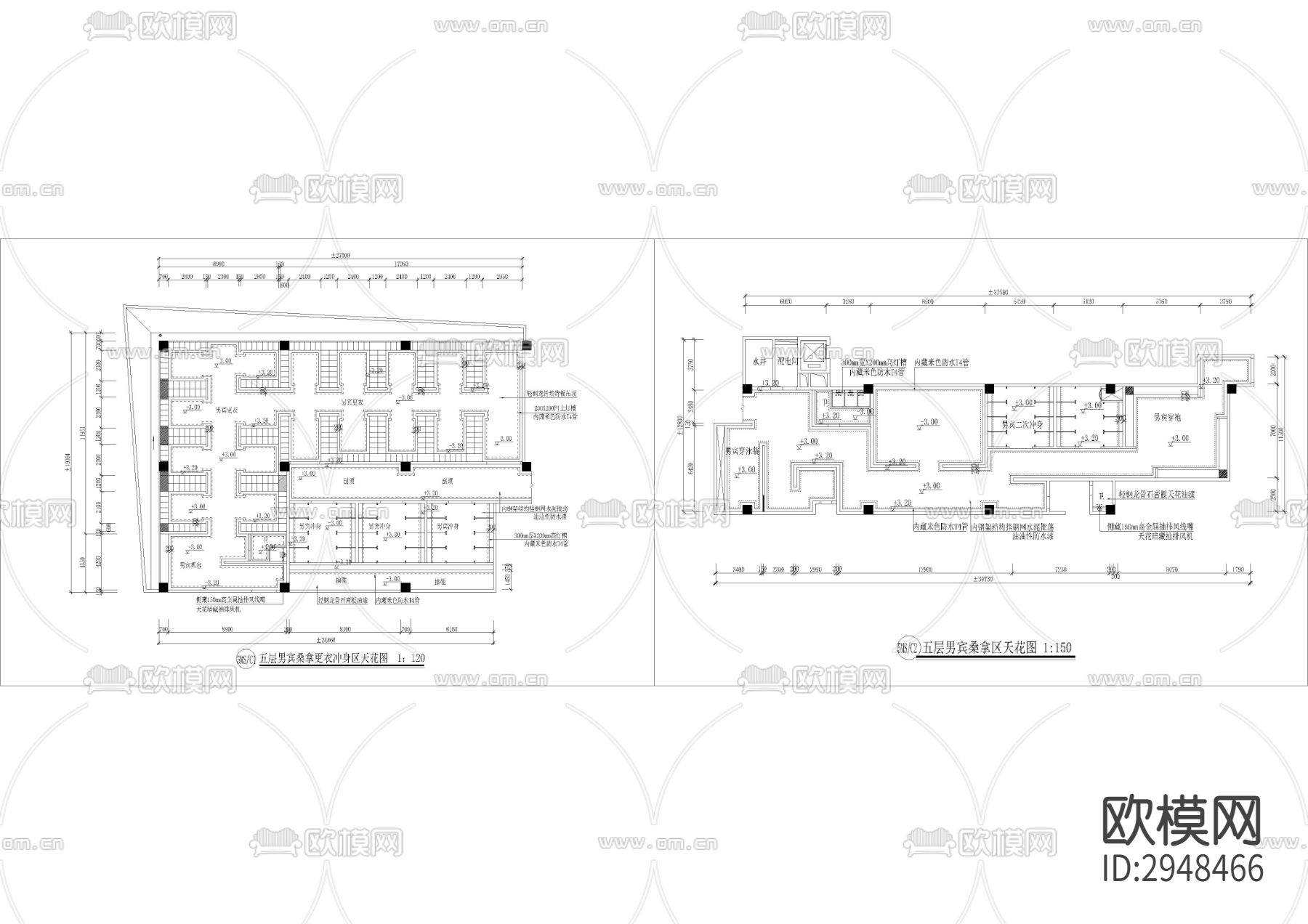 1300㎡汤泉 水疗 洗浴 桑拿区CAD施工图下载（渲染图4）