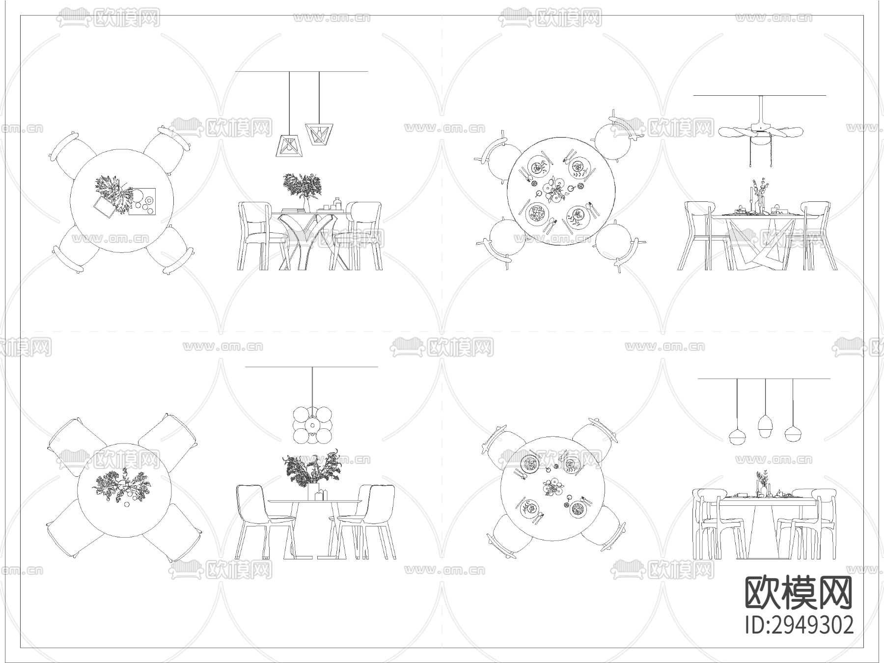 北欧简约圆形餐厅桌椅cad图库下载（渲染图2）