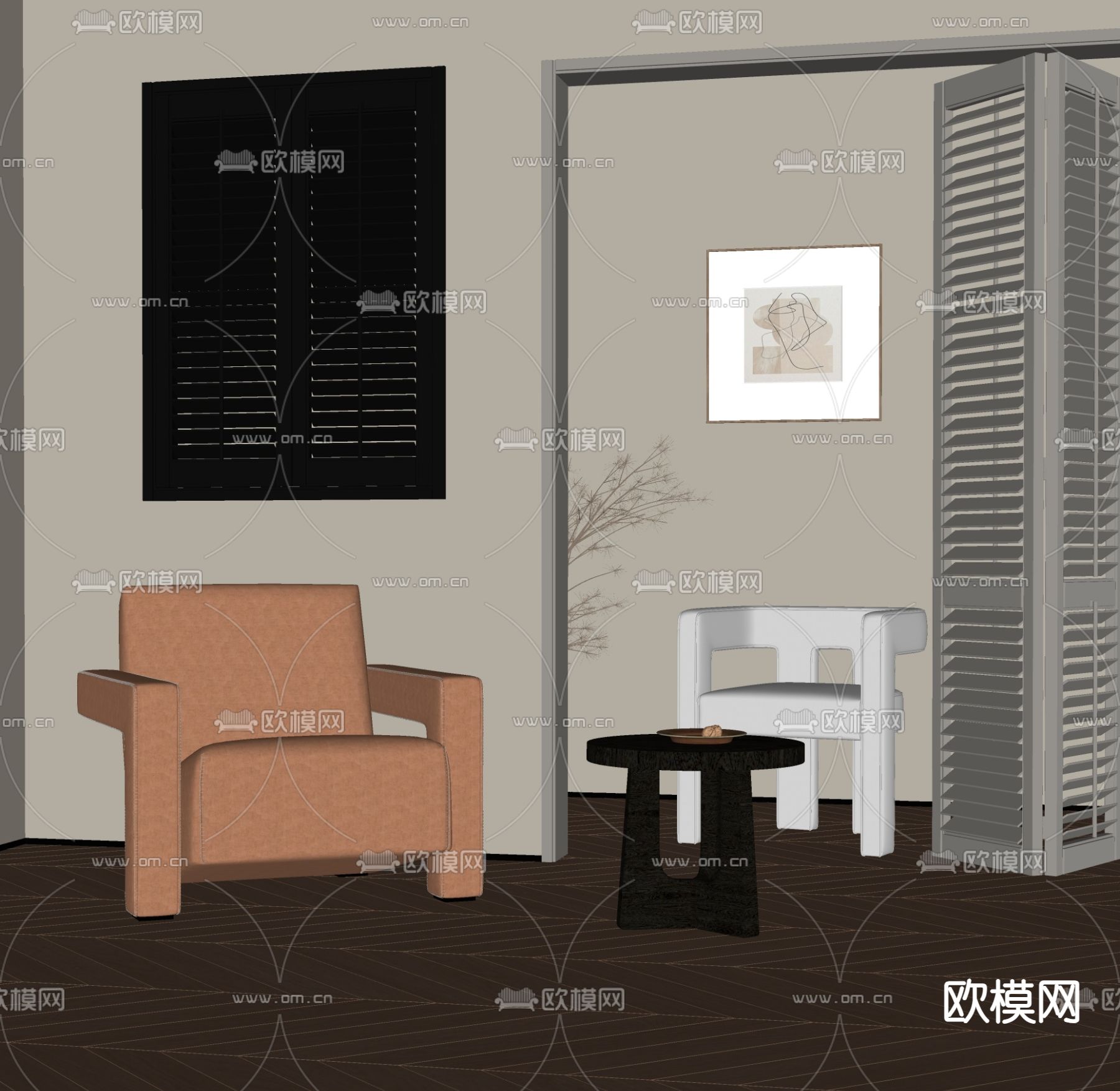 中古风单人沙发su模型下载（渲染图1）