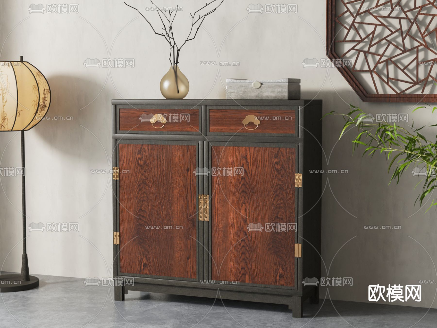 新中式玄关柜su模型下载（渲染图2）