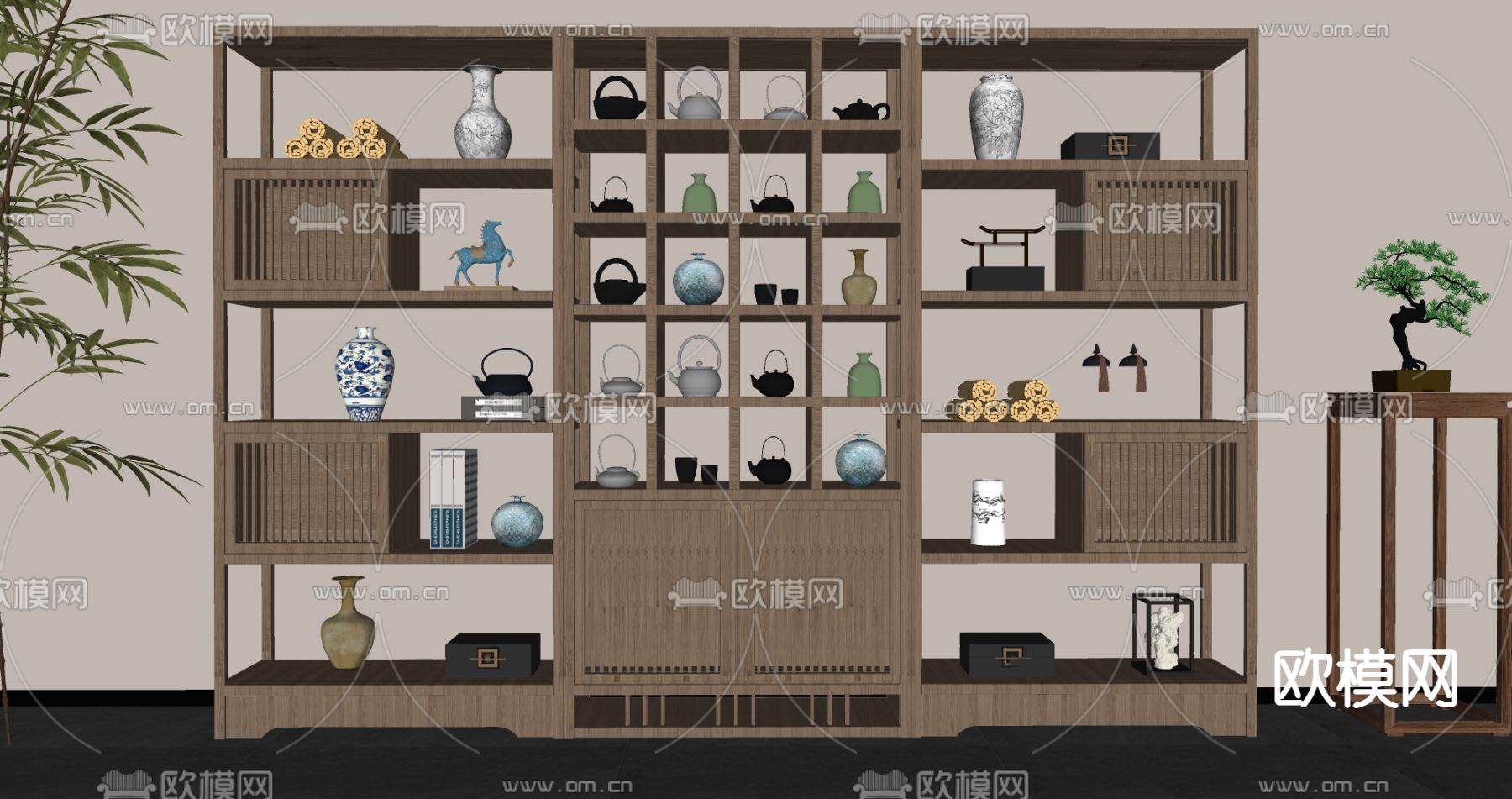 新中式博古架 置物架su模型下载（渲染图1）