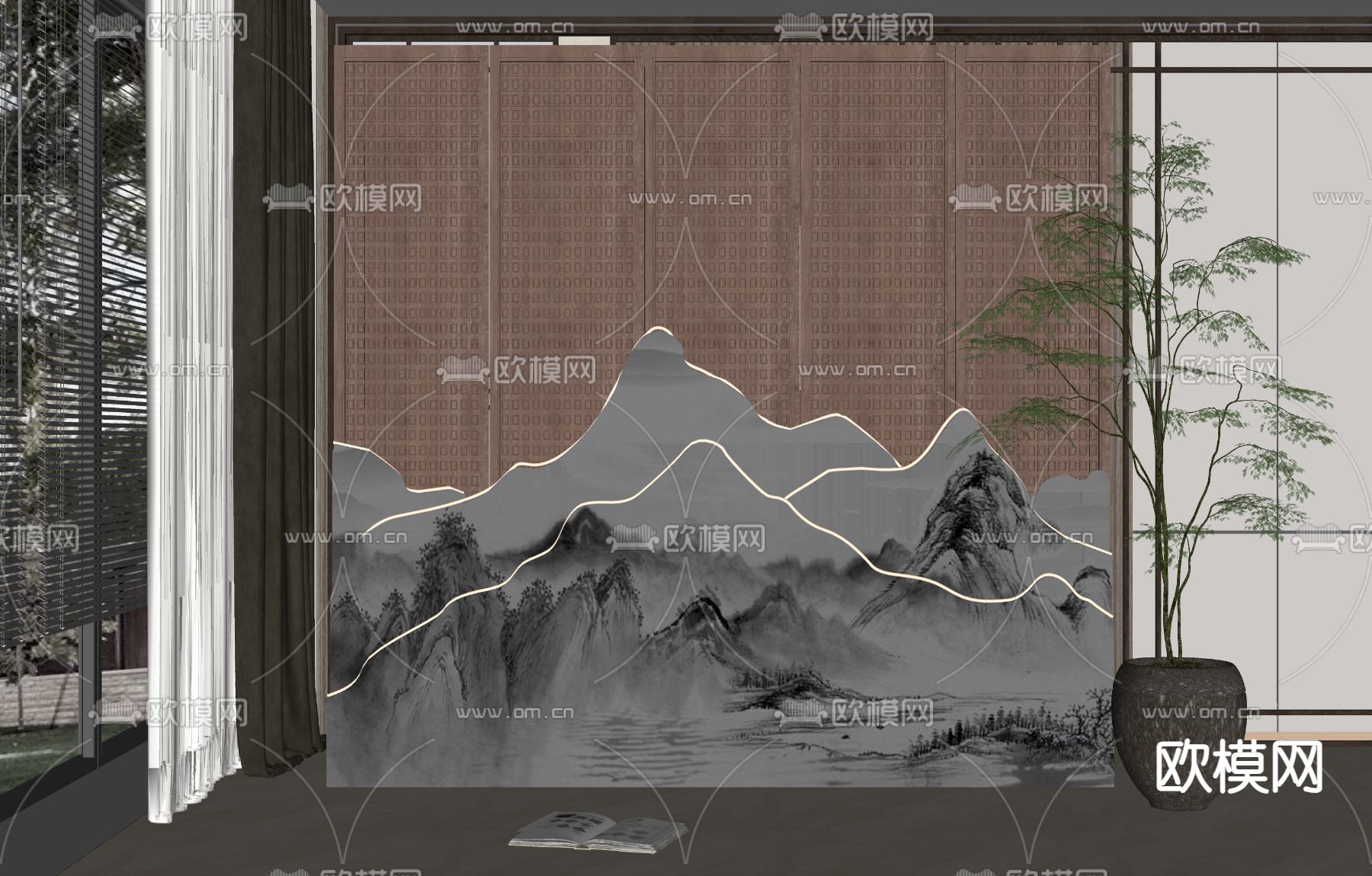 新中式背景墙隔断su模型下载（渲染图1）