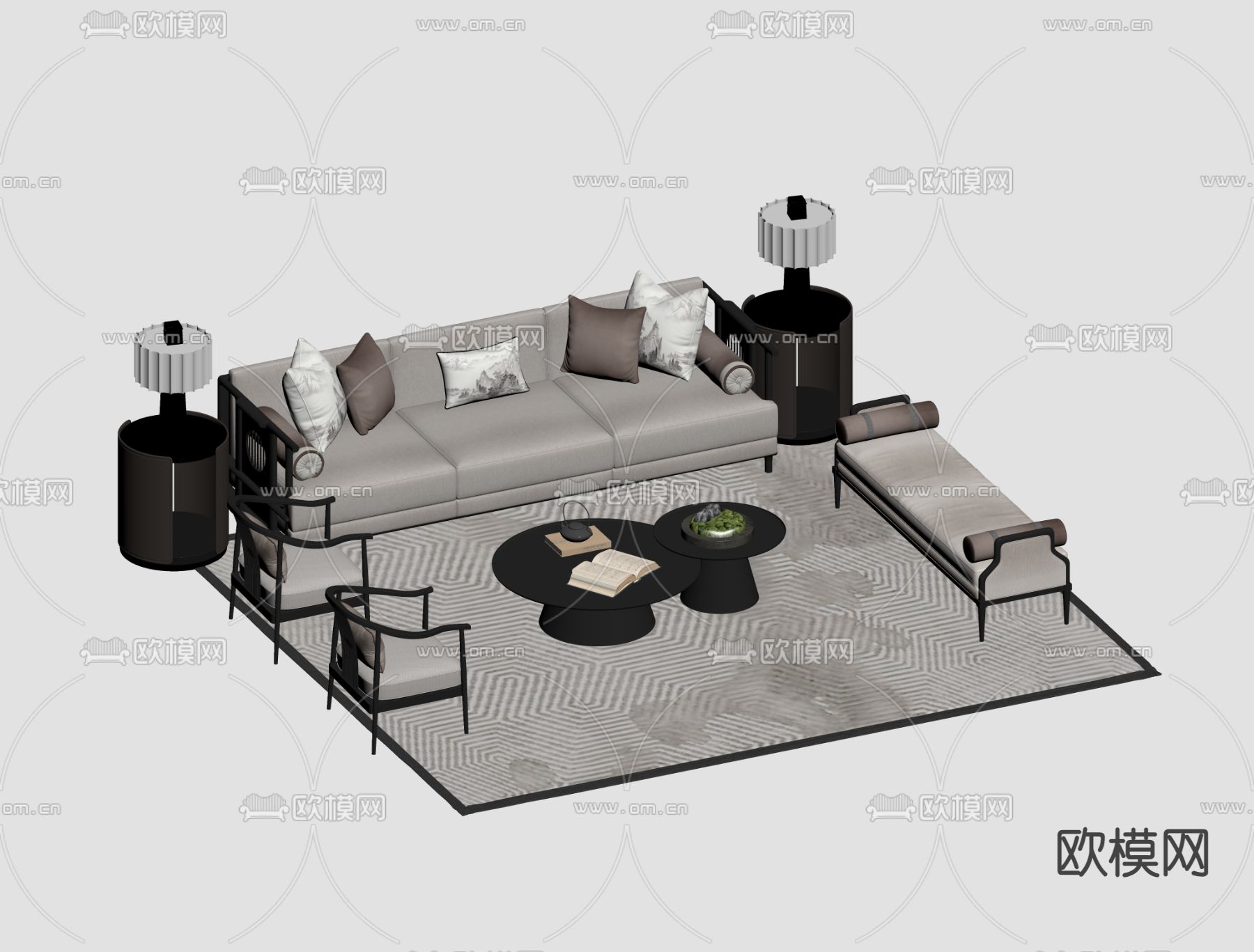 新中式组合沙发su模型下载（渲染图1）