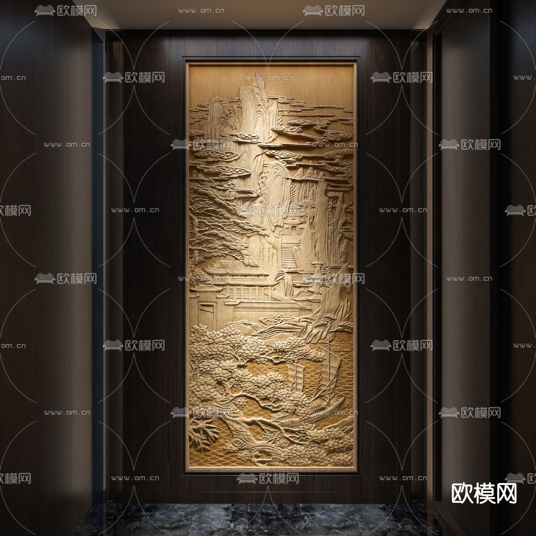 新中式浮雕玄关su模型下载（渲染图2）